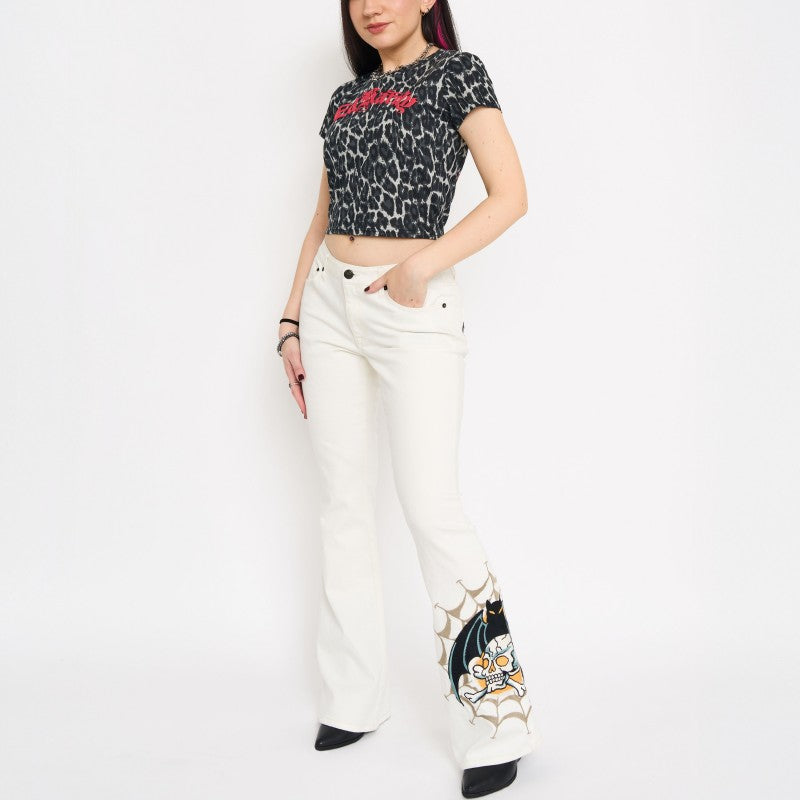 Bat Skull Embroidered Low Waist Bootcut Jeans