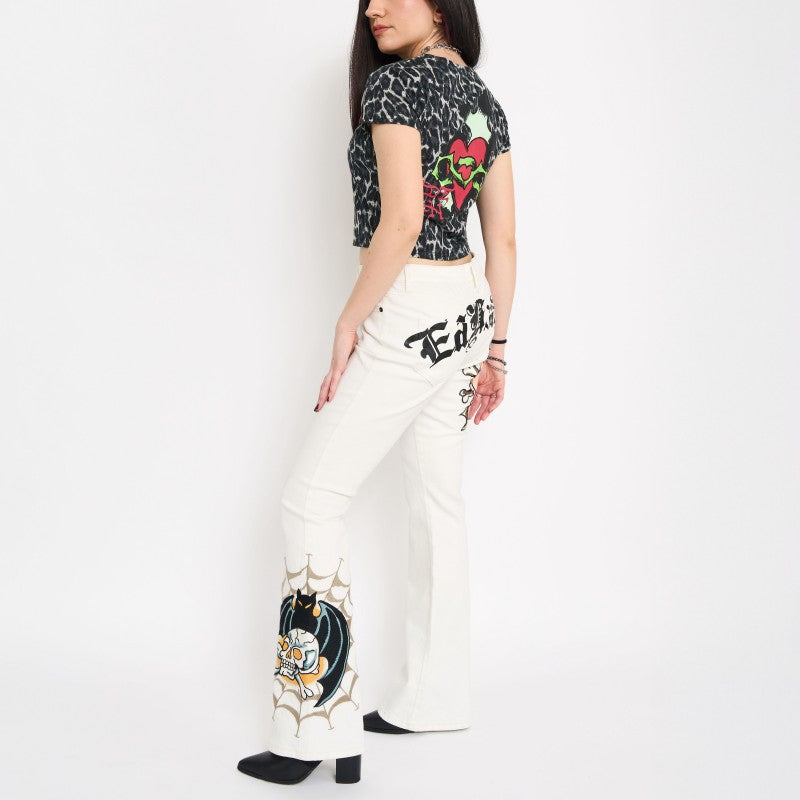 Bat Skull Embroidered Low Waist Bootcut Jeans