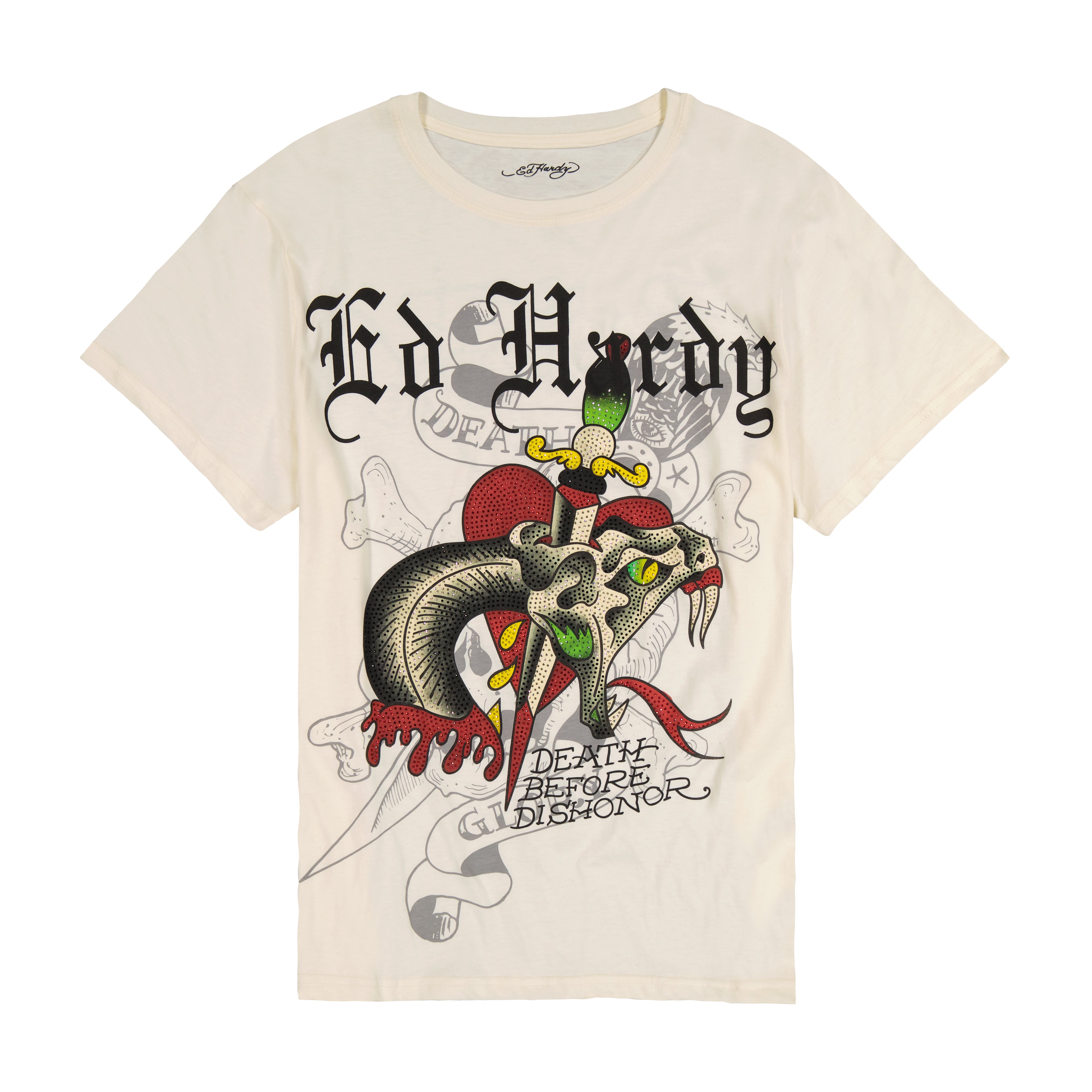 edhardyoriginals S / IVORY Dagger Snake Throwback Rhinestone Tee