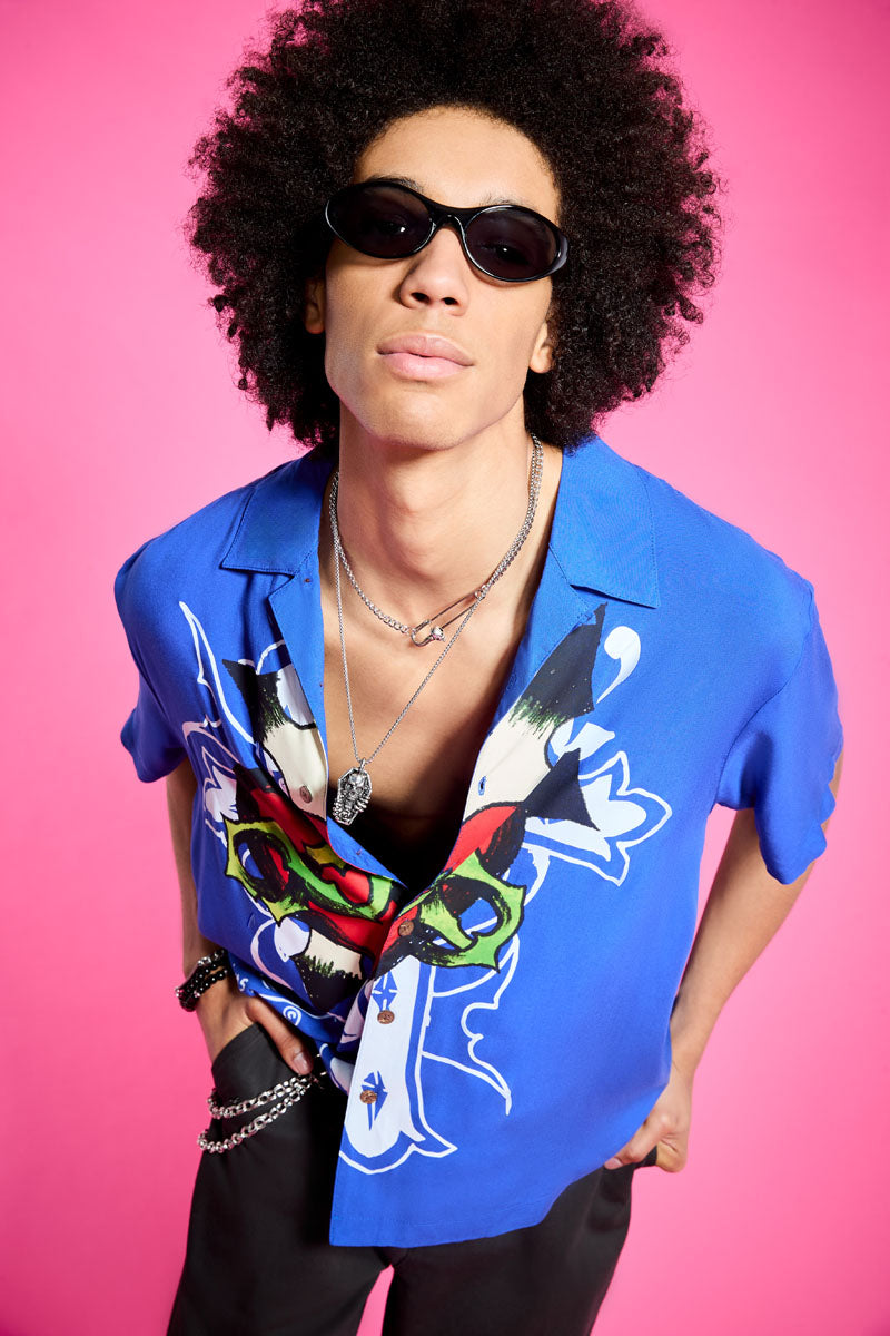 edhardyoriginals S / POP BLUE Cross Snake Boxy Camp Tee