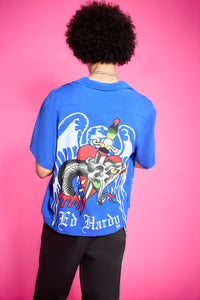 edhardyoriginals S / POP BLUE Cross Snake Boxy Camp Tee