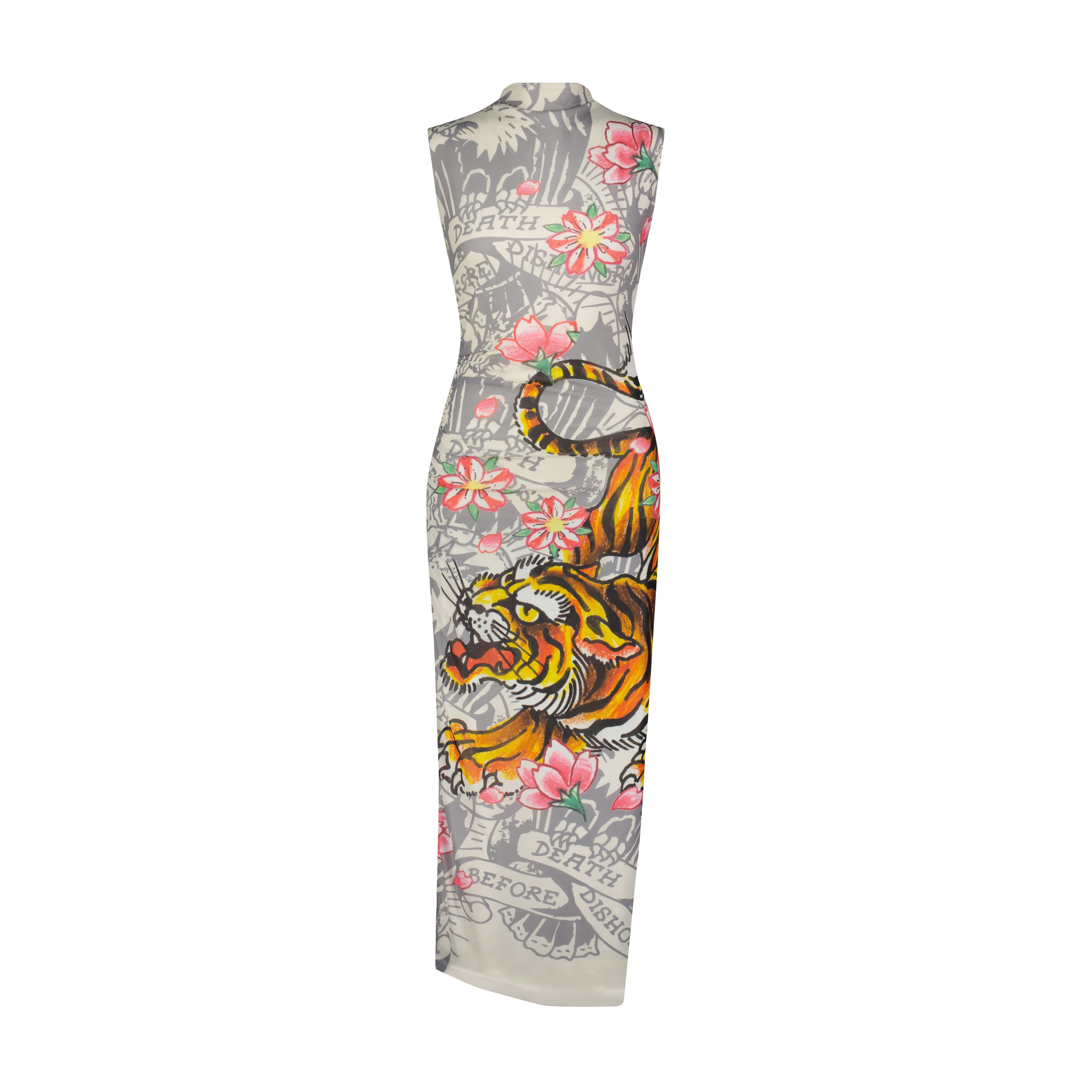 edhardyoriginals S / IVORY Crawling Tiger Print Mesh Maxi Dress