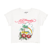 edhardyoriginals S / WHITE Tropical Scene Lettuce Edge Baby Tee