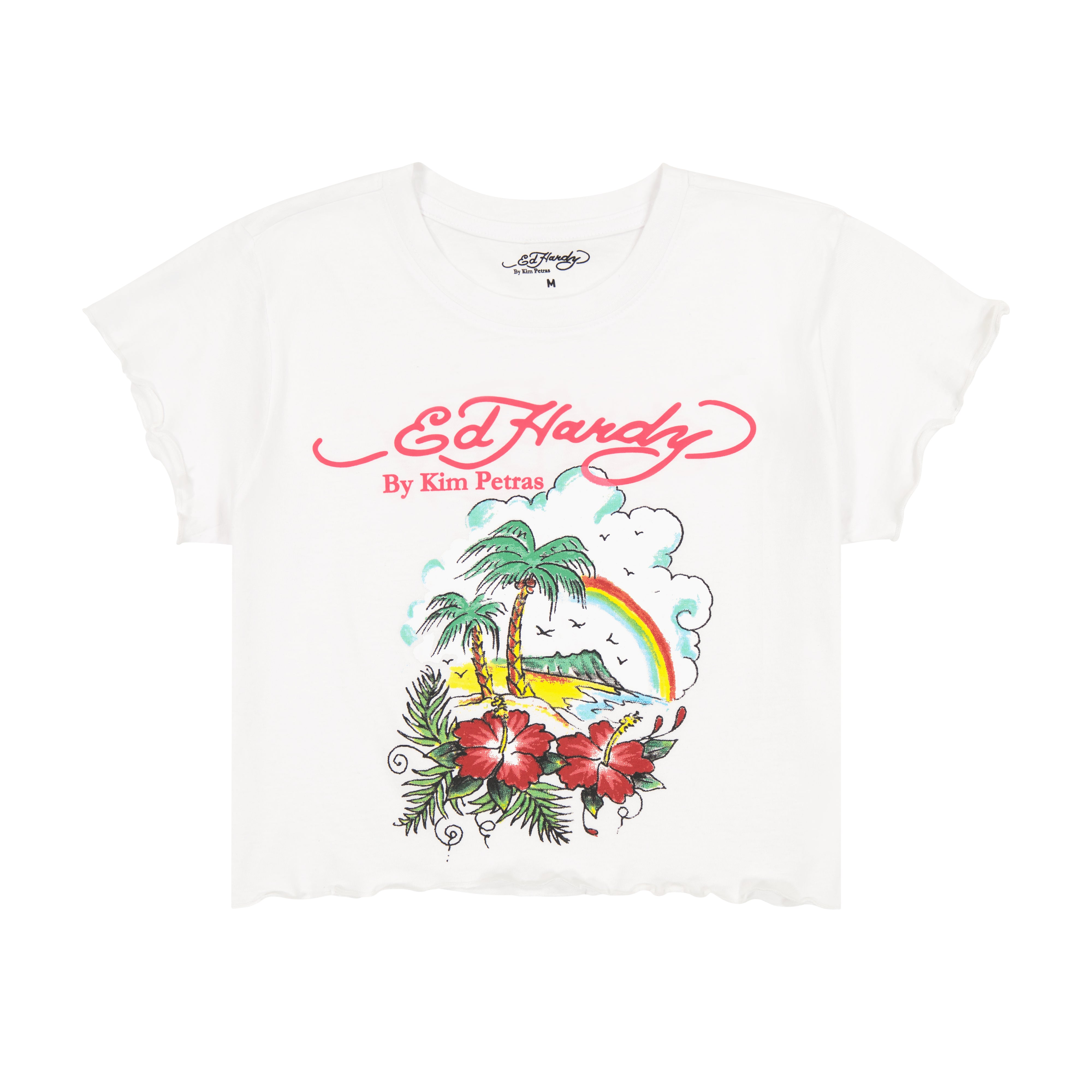 edhardyoriginals S / WHITE Tropical Scene Lettuce Edge Baby Tee