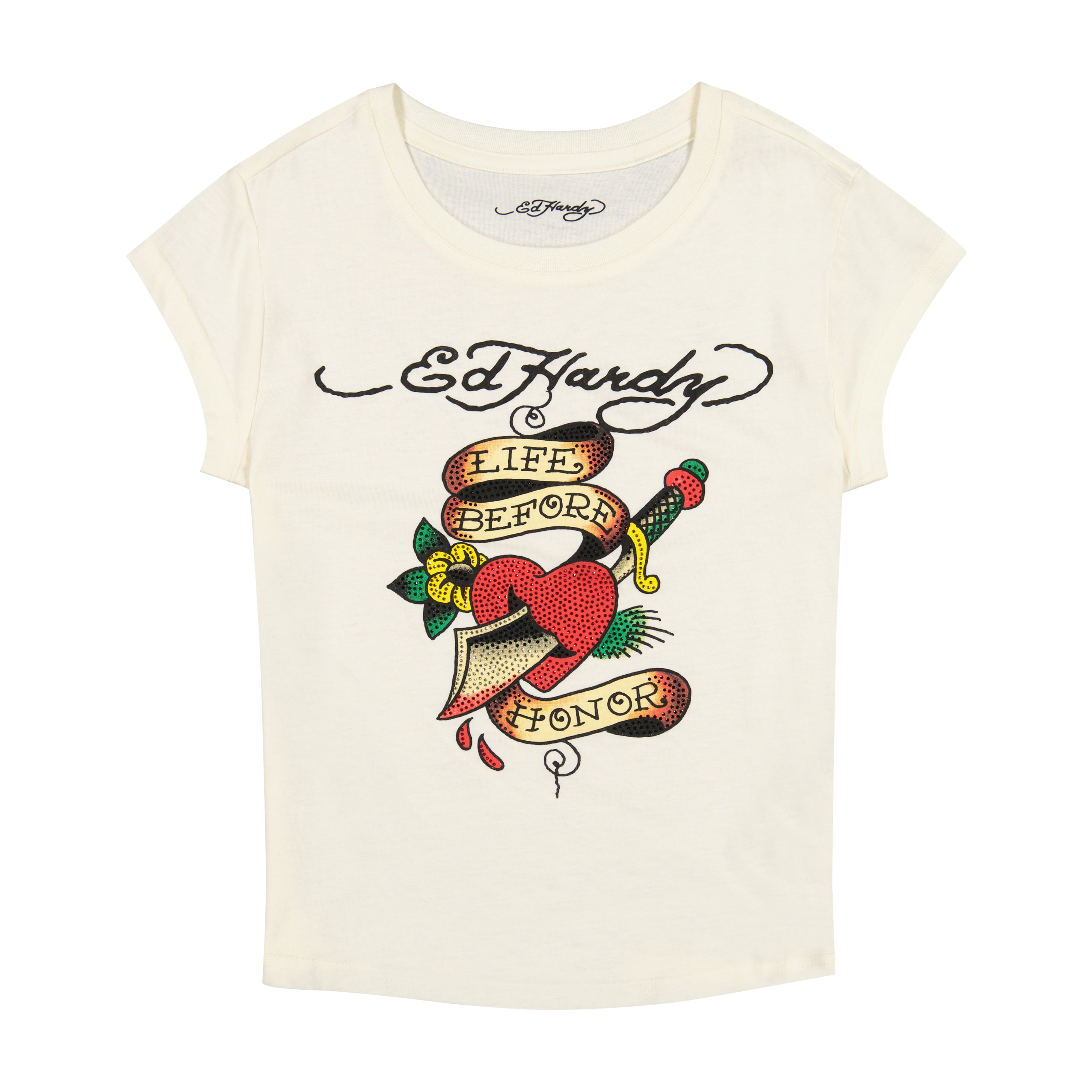 edhardyoriginals XS / Ivory Heart Sword Rhinestone Cap Sleeve Tee