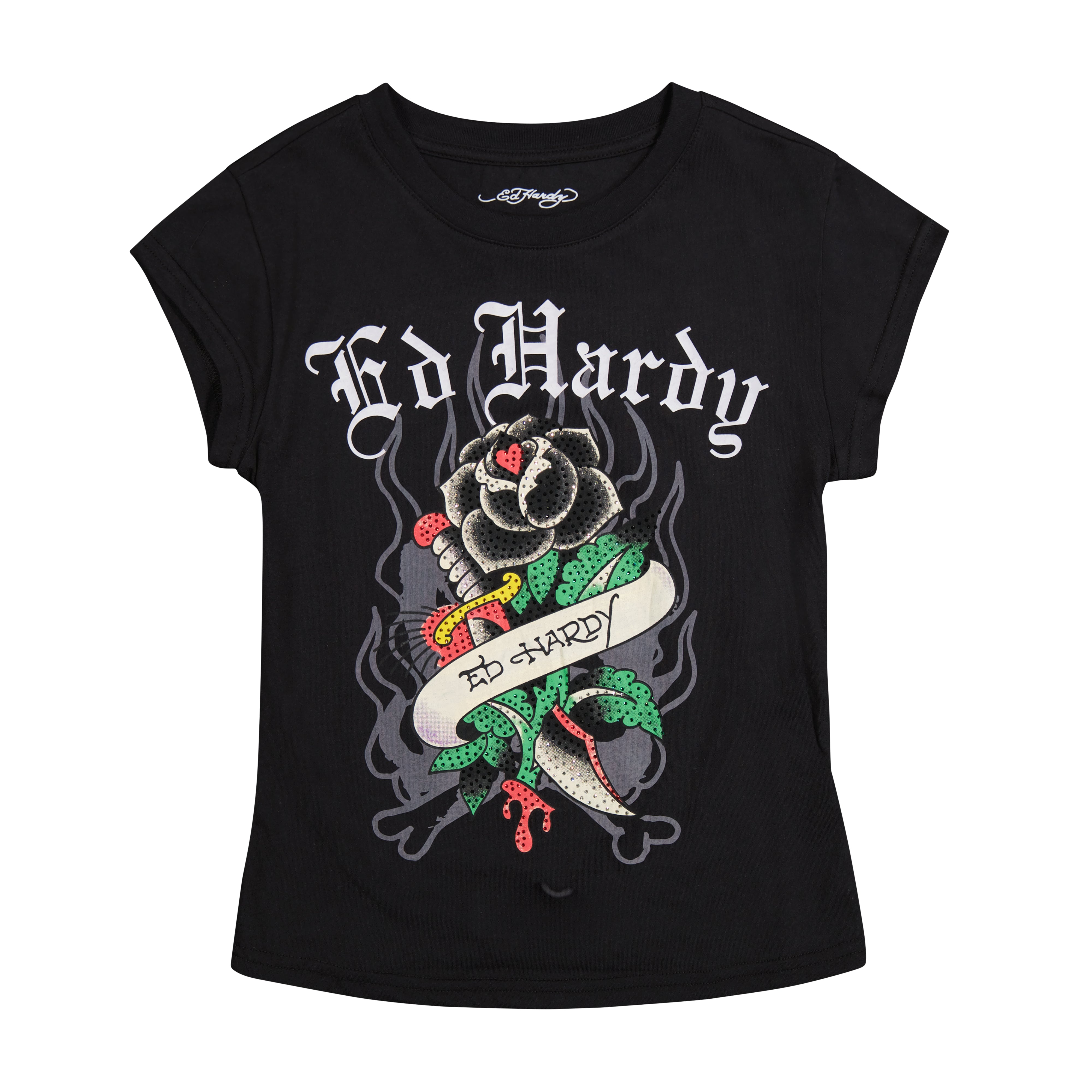 edhardyoriginals XS / BLACK Black Rose Rhinestone Cap Sleeve Tee