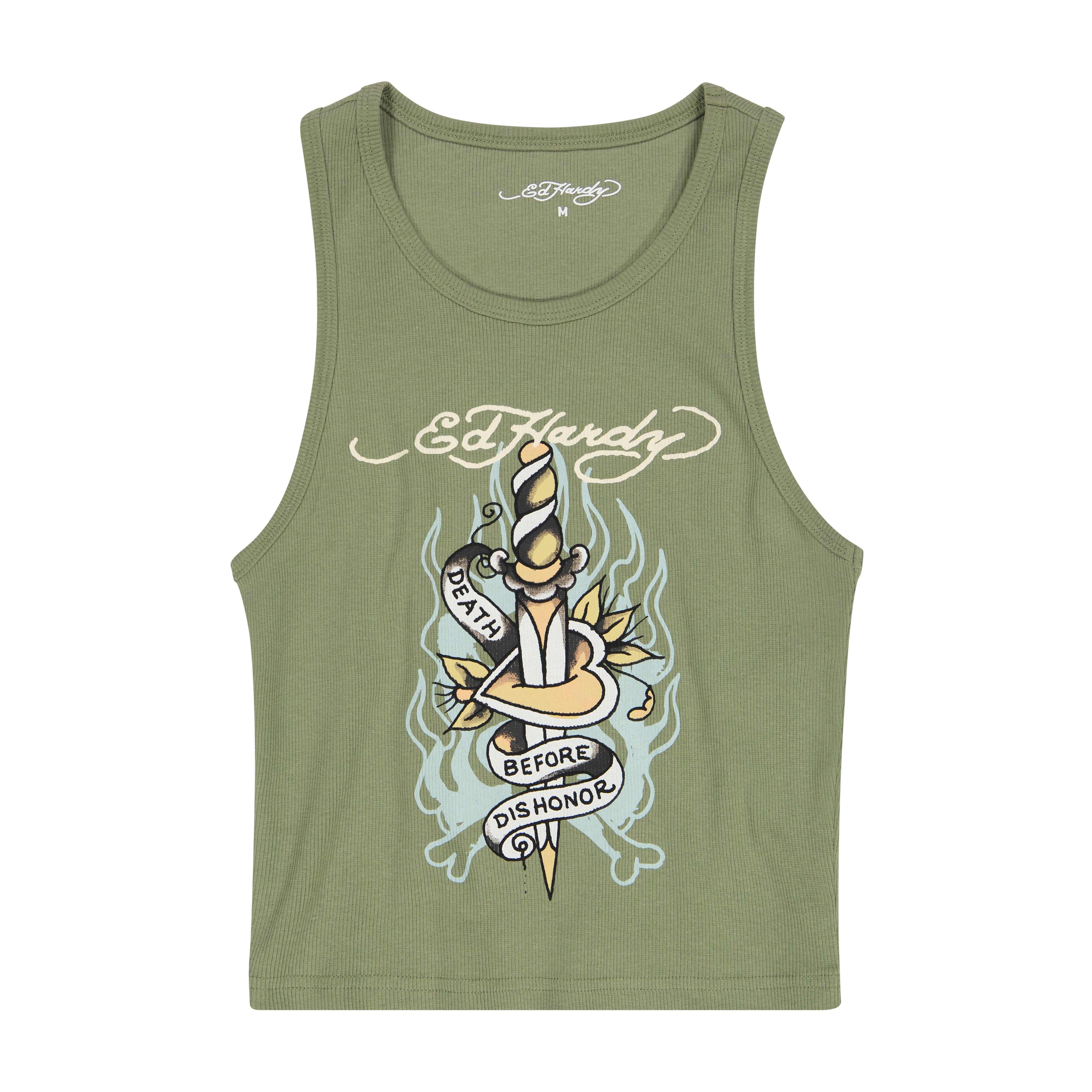 edhardyoriginals S / LT OLIVE Death Before Dishonor Dagger Rib Tank Top