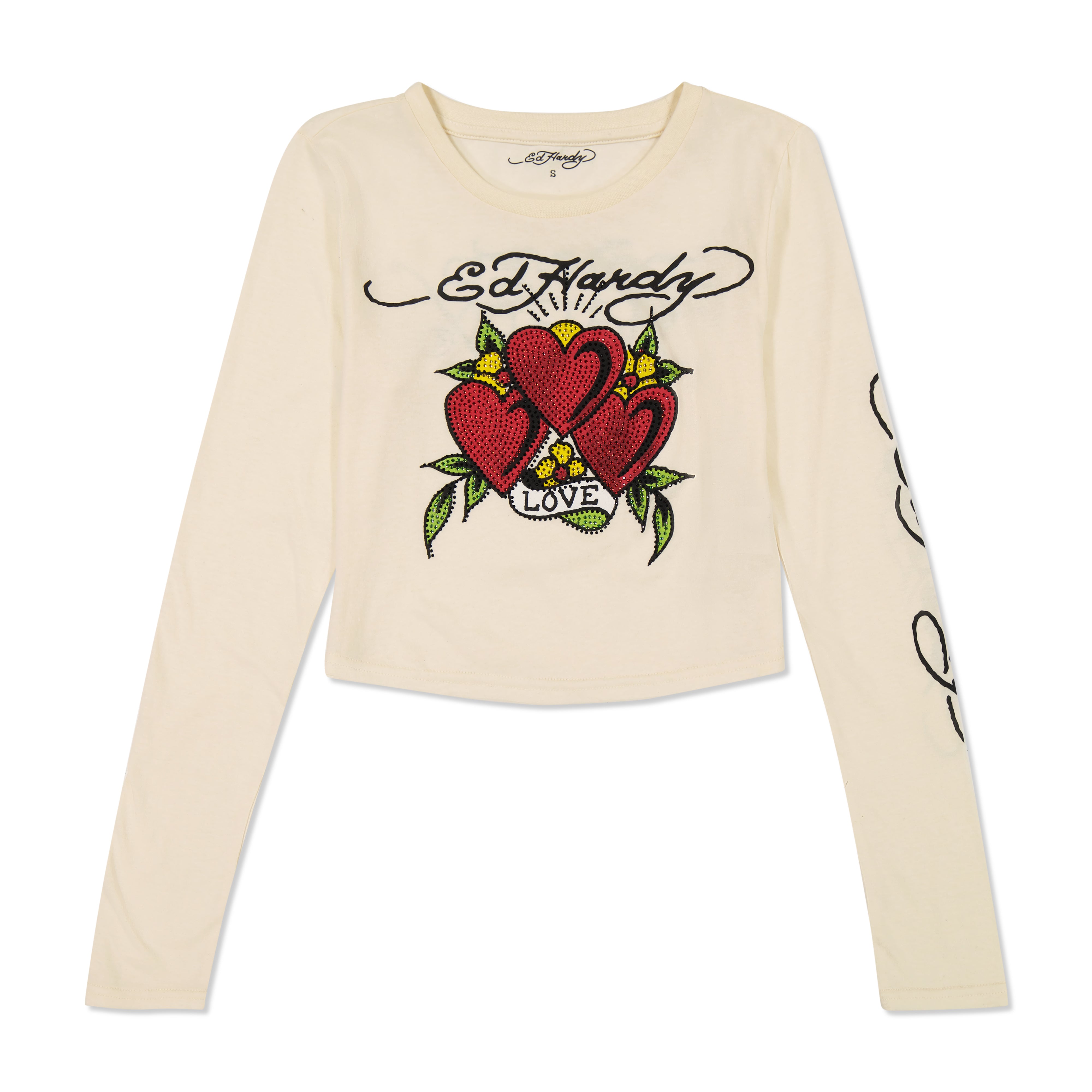 Rhinestone Hearts Long Sleeve Baby Tee - edhardyoriginals