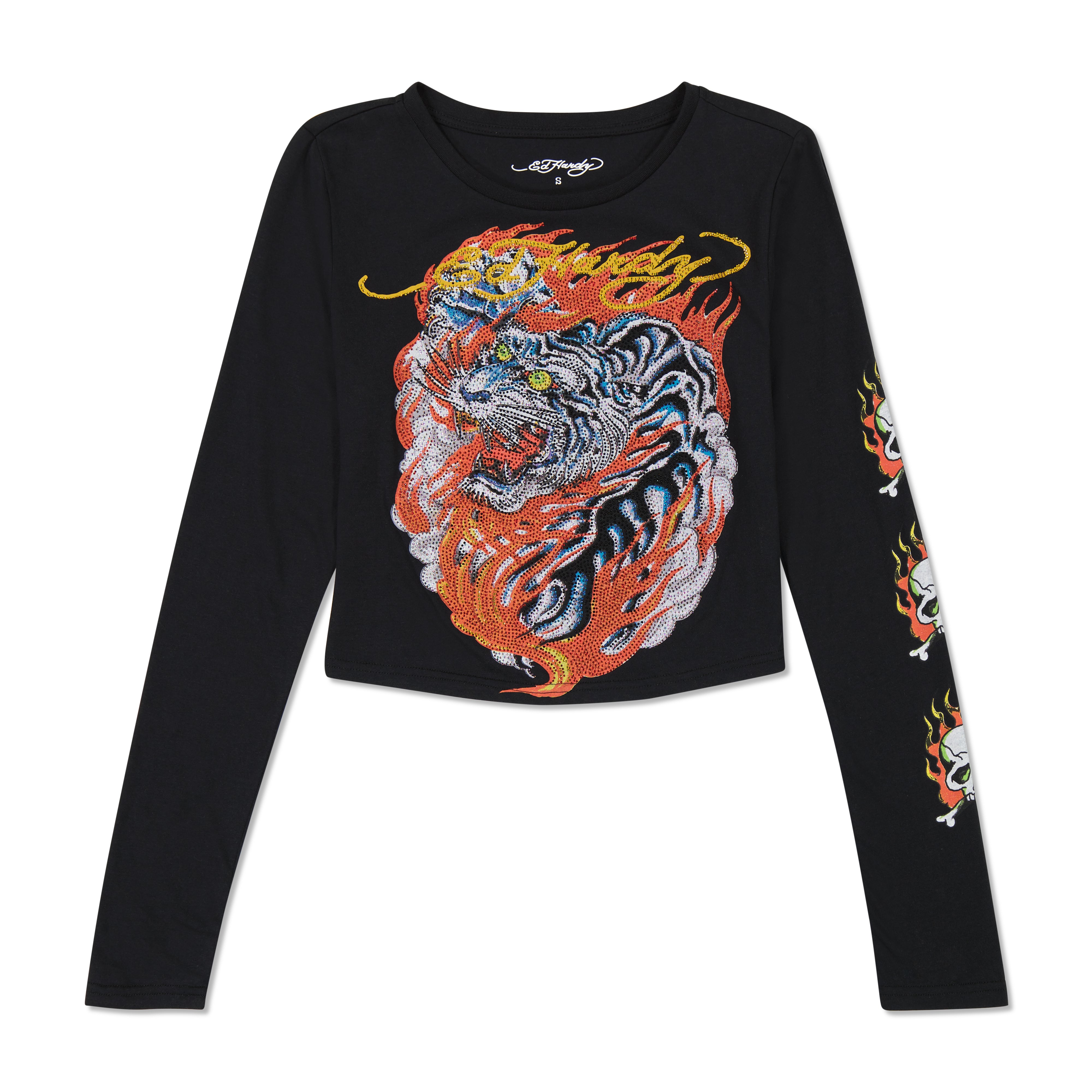 edhardyoriginals S / Black Rhinestone Flaming Tiger Long Sleeve Baby Tee