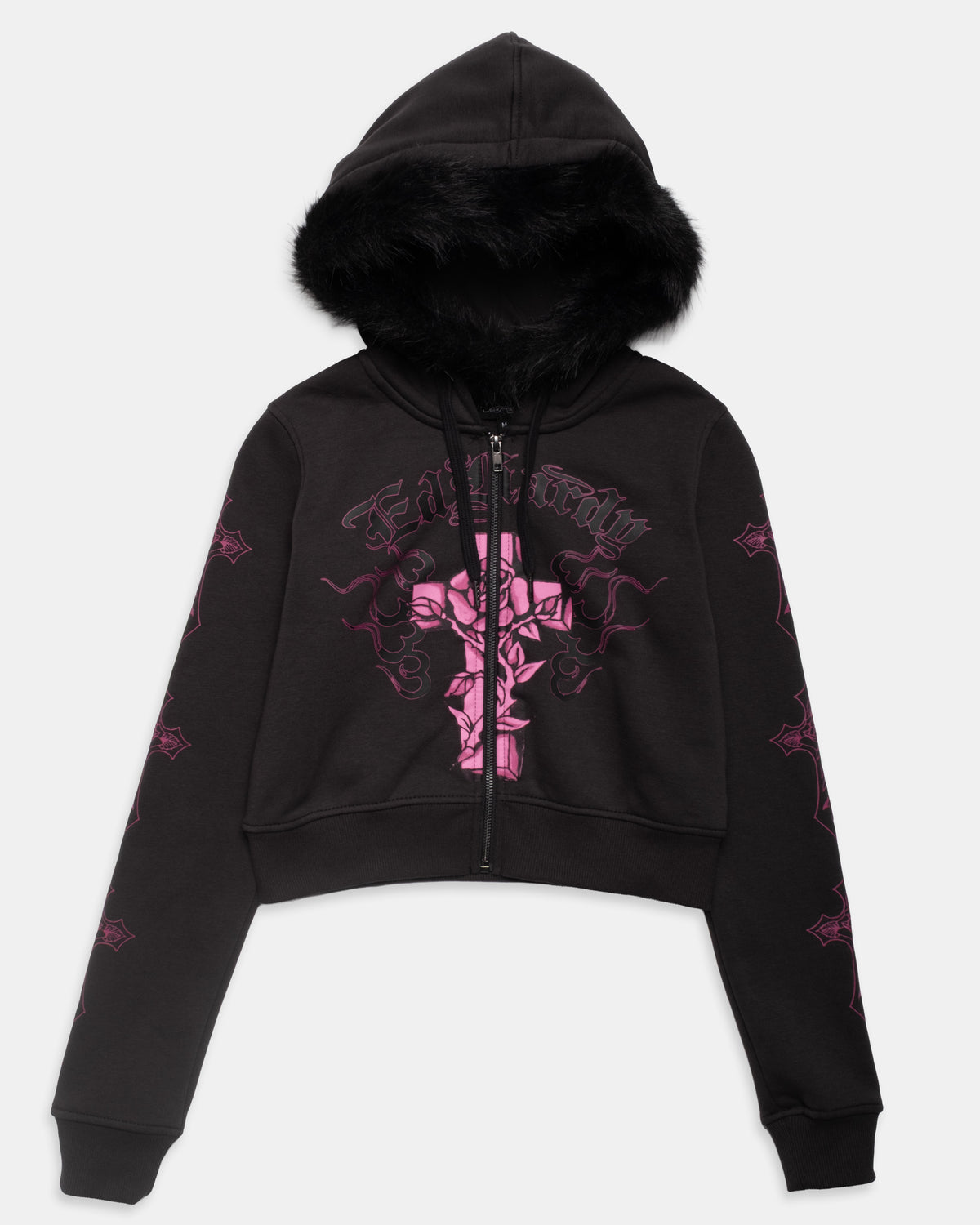 Flame Cross Fur Trim Shrunken Zip Hoodie