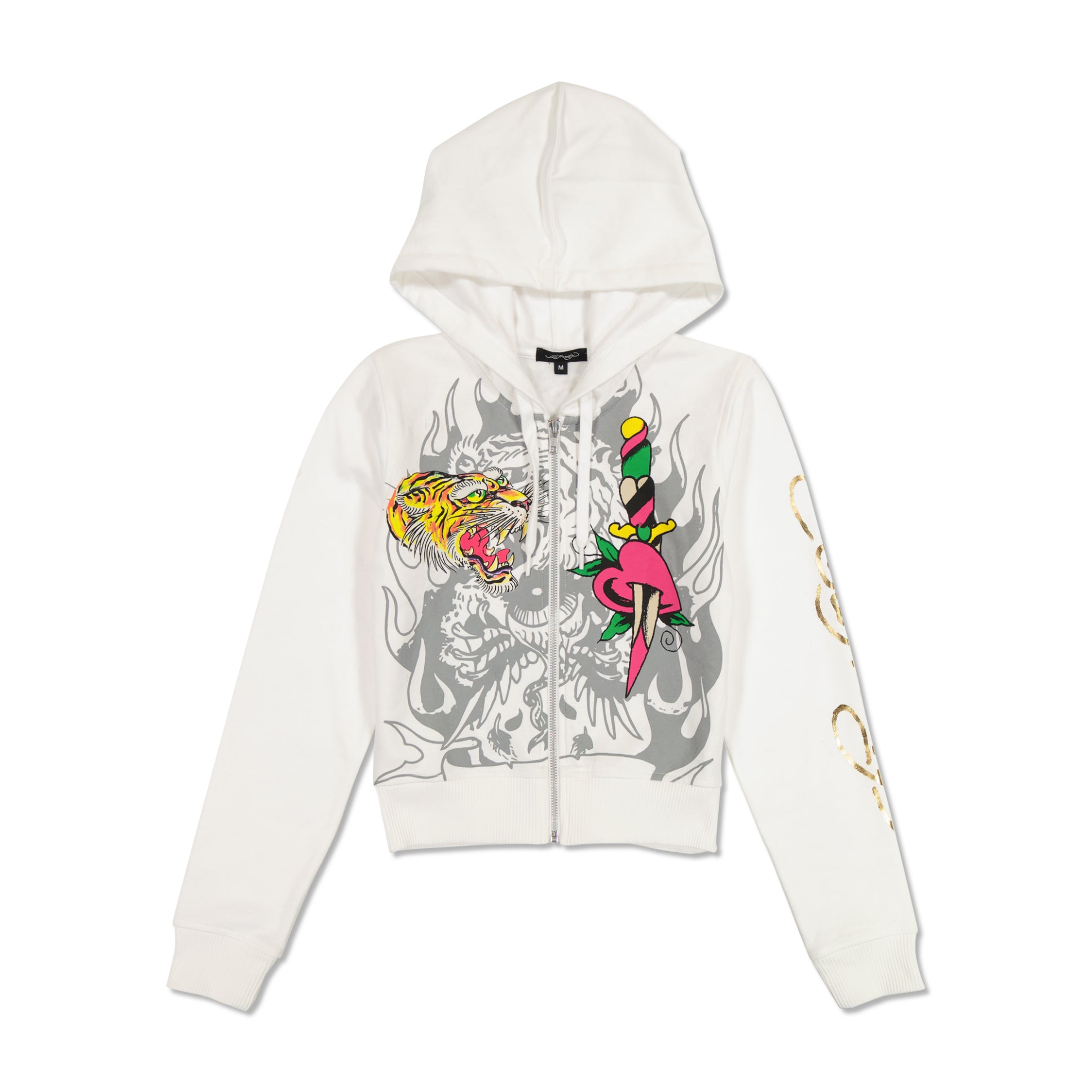 edhardyoriginals XS / WHITE Tiger Dagger Cropped Zip Fleece Hoodie