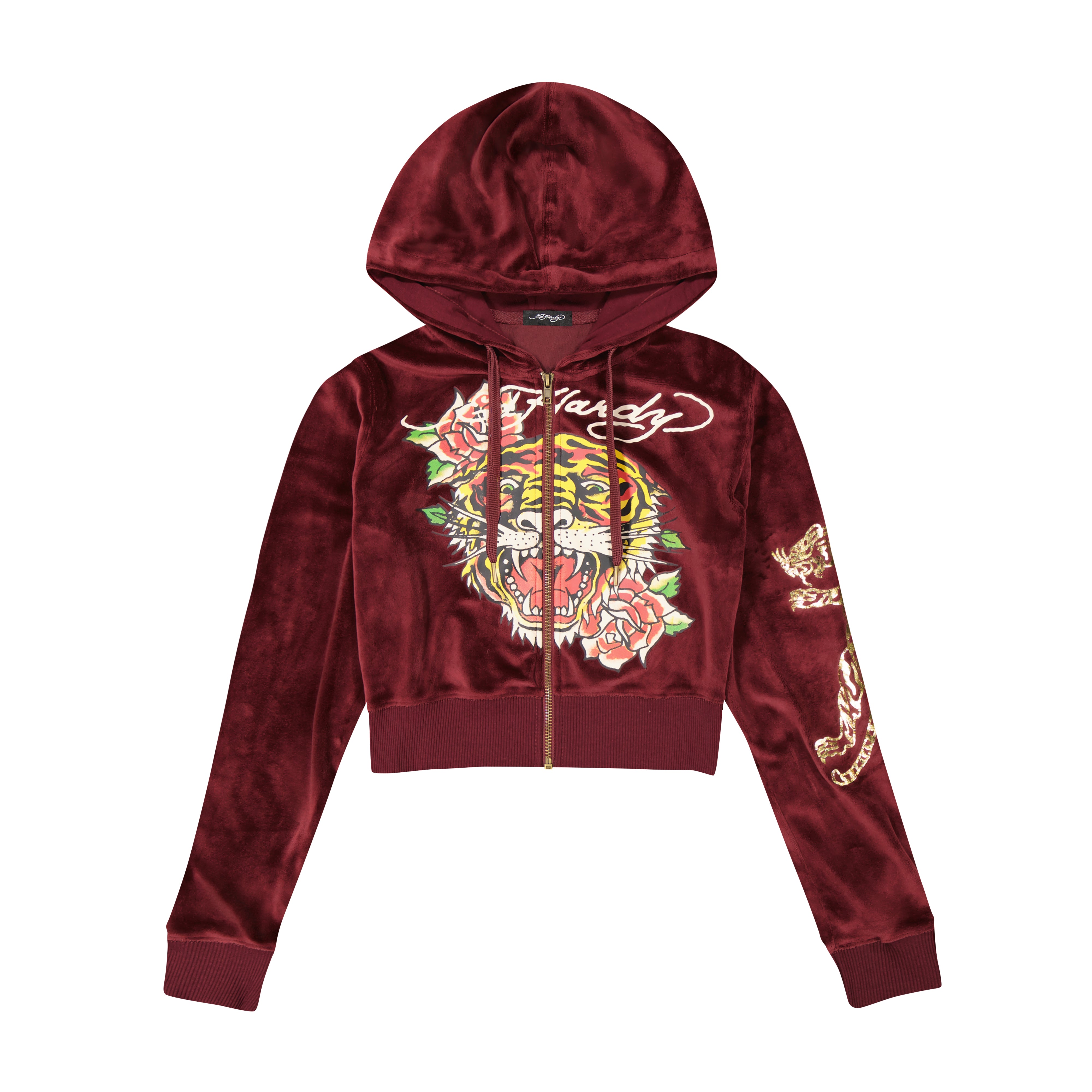 edhardyoriginals XS / Sangria Velvet Retro Tiger Y2K Velour Hoodie
