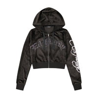 edhardyoriginals XS / Black Velvet Tiger Head Y2K Velour Hoodie