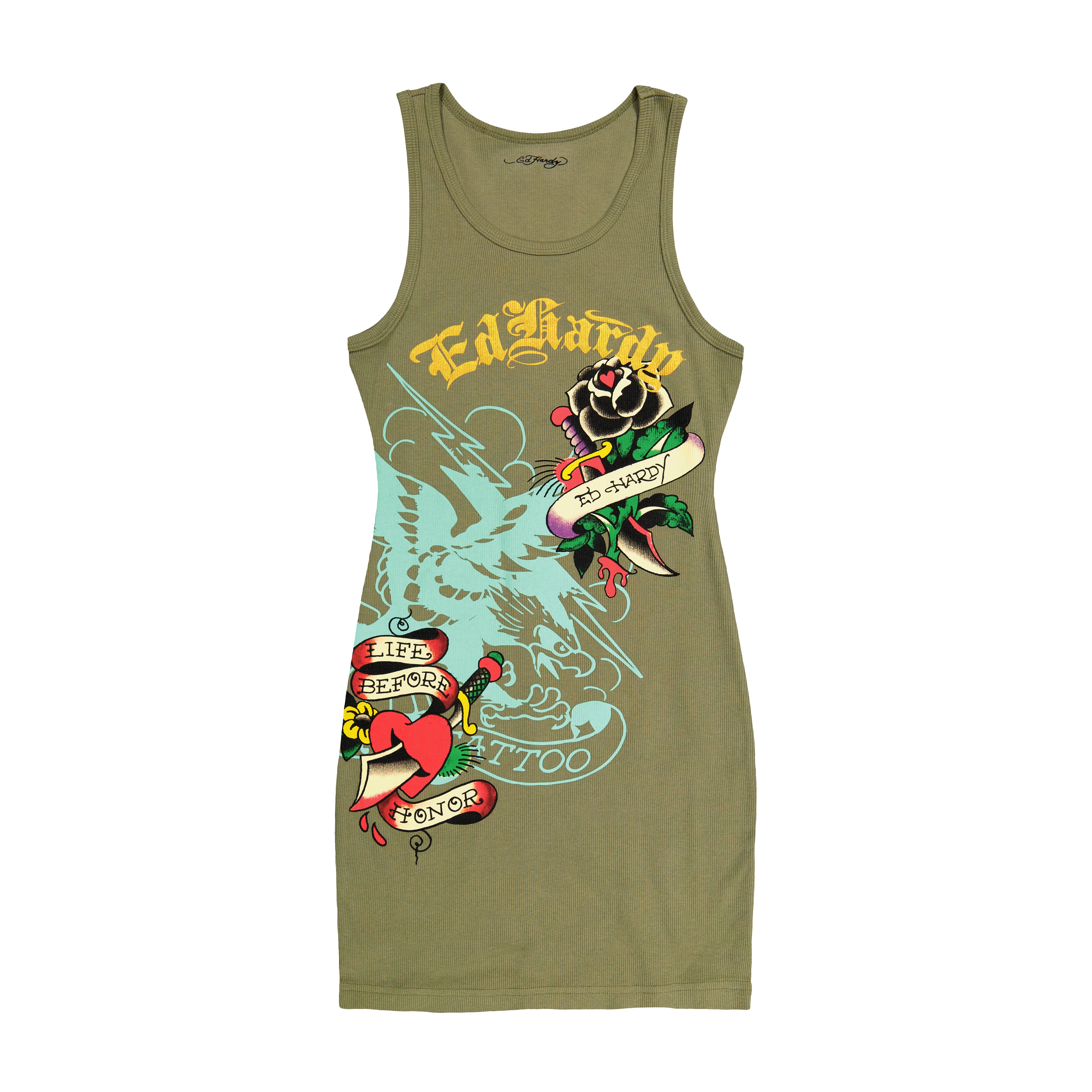 edhardyoriginals XS / LIGHT OLIVE Black Rose Rib Tank Dress