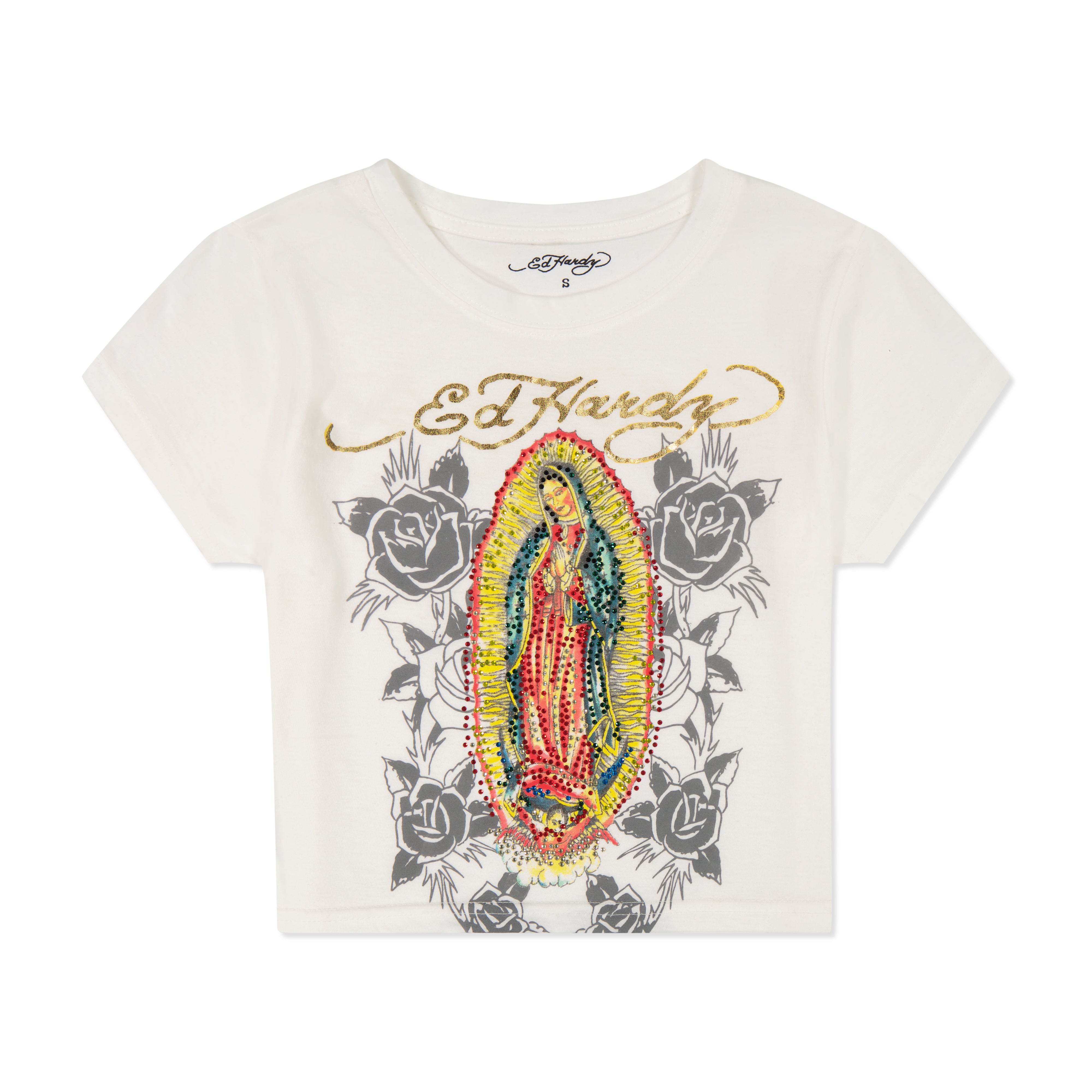 edhardyoriginals S / White Rhinestone Mary Baby Tee