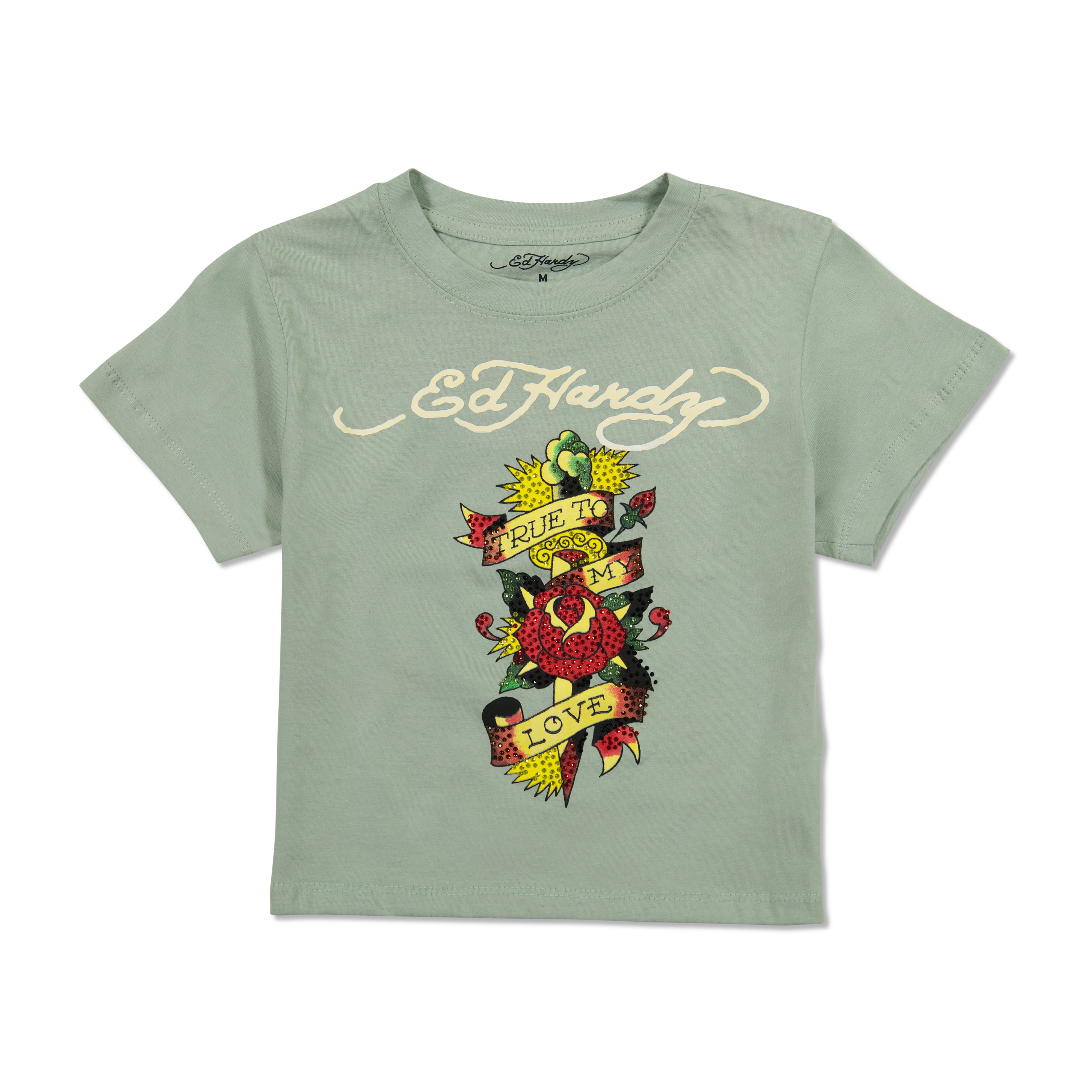 edhardyoriginals S / Sage Rhinestone Dagger Rose Baby Tee