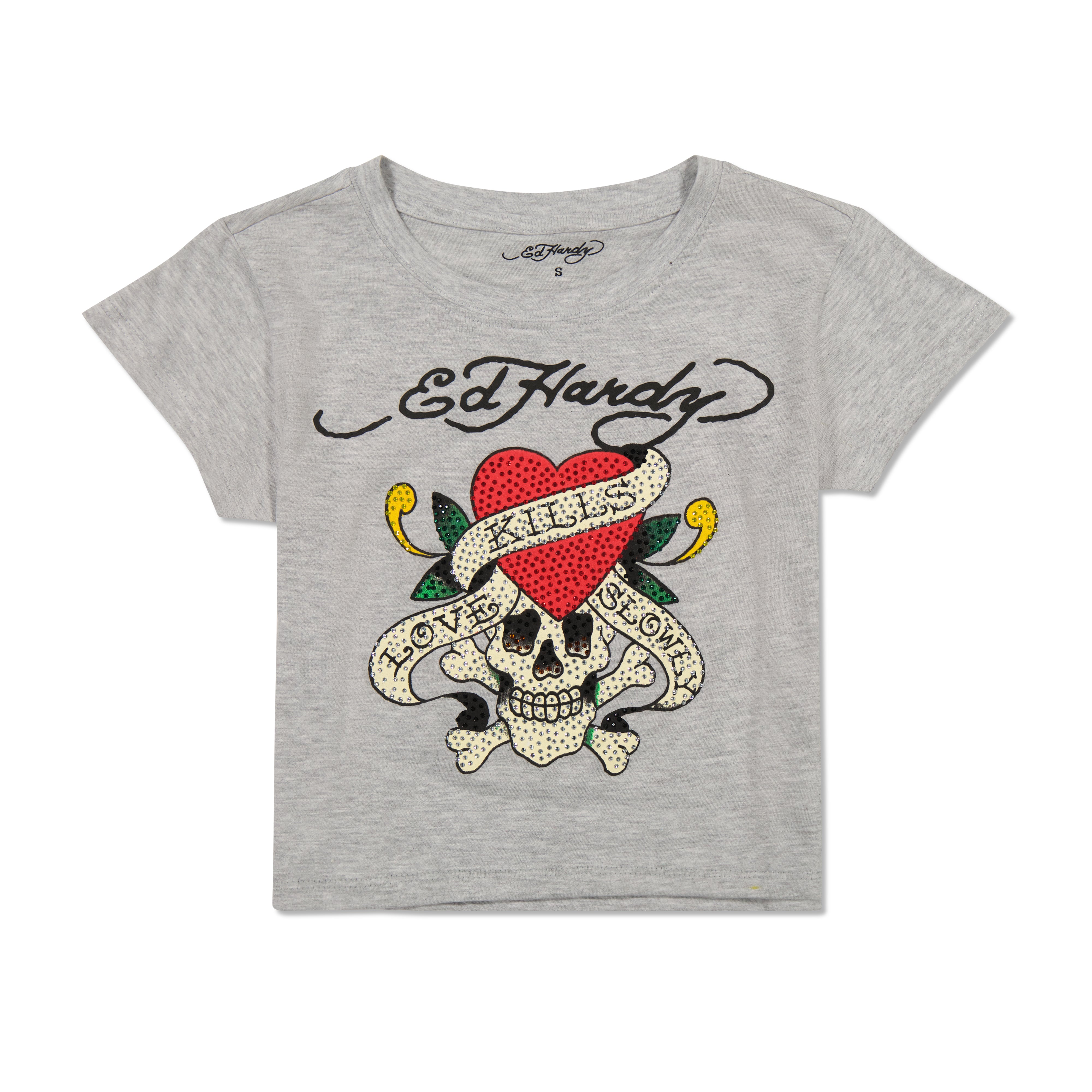 edhardyoriginals S / Heather Grey Rhinestone LKS Skull Baby Tee