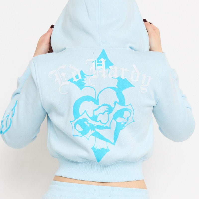 Blue Leopard Rhinestone Zip Front Hoodie