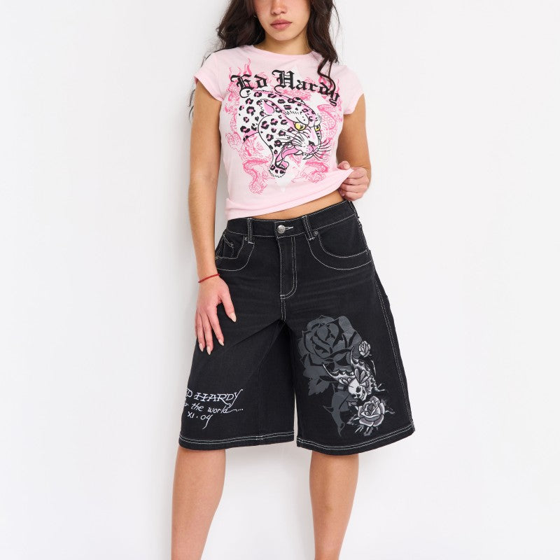 Butterfly Skull Embroidered Denim Shorts