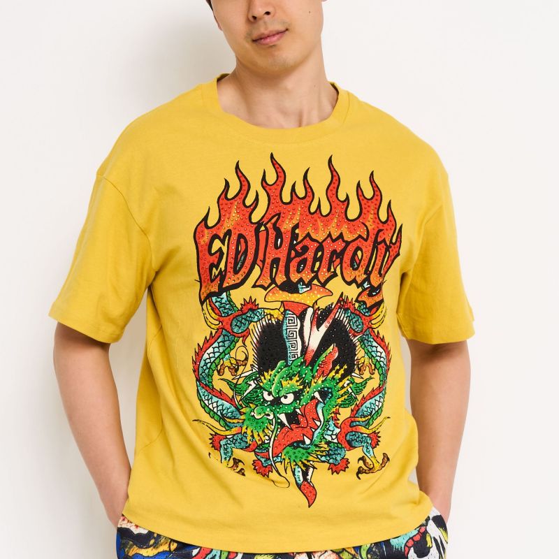 edhardyoriginals S / MUSTARD Dragons Rhinestone Boxy Tee