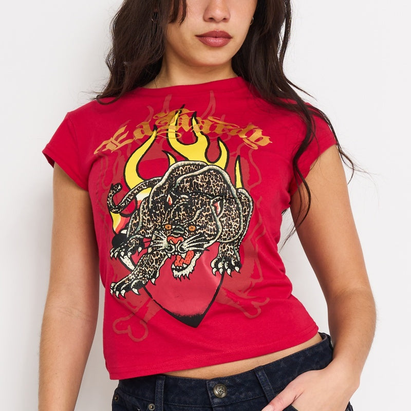 edhardyoriginals XS / CHERRY Leopard Panther Rhinestone Cap Sleeve