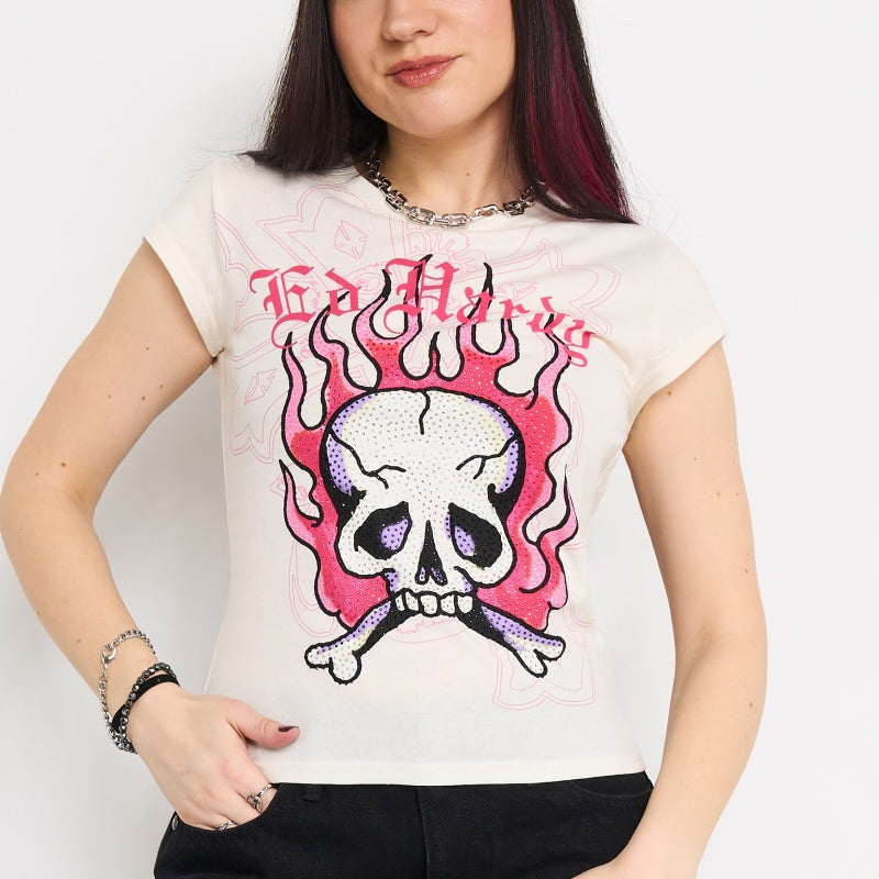 edhardyoriginals XS / IVORY Pink Flame Skull Cap Sleeve
