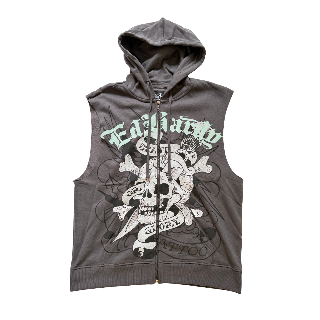 edhardyoriginals S / CHARCOAL DG Skull Fleece Cut Off Hoodie