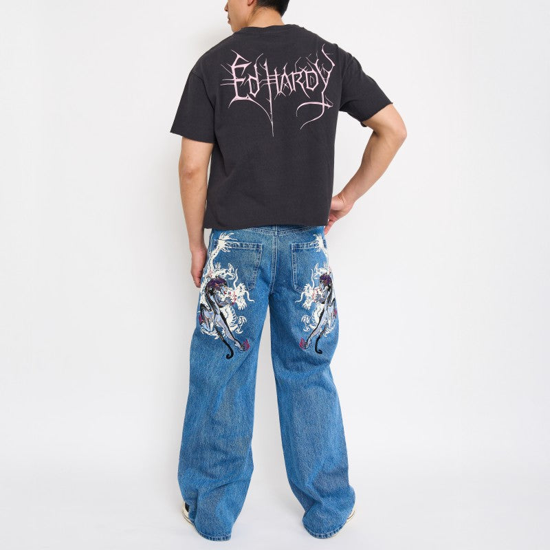 Panteras Embroidered Baggy Wide Leg Jeans