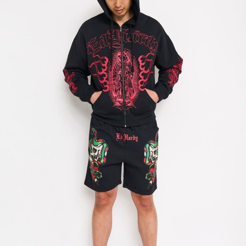 Skull Hearts Rhinestone Fleece Shorts