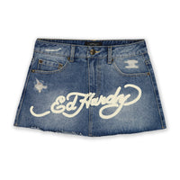 edhardyoriginals XS / Med Wash Multi Tattoo Denim Mini Skirt
