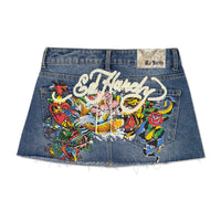 edhardyoriginals XS / Med Wash Multi Tattoo Denim Mini Skirt