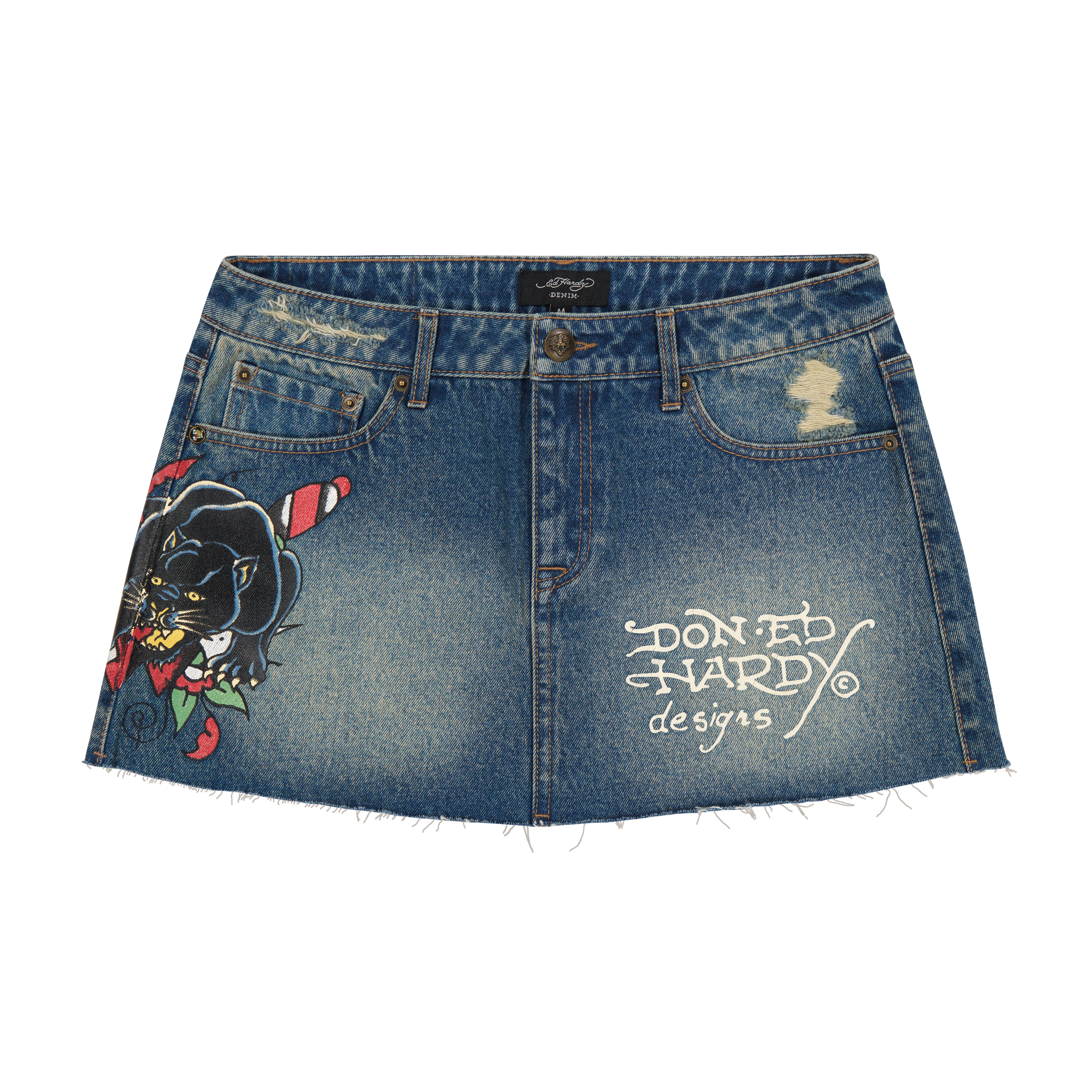 edhardyoriginals XS / MEDIUM WASH Panther Dagger Denim Mini Skirt