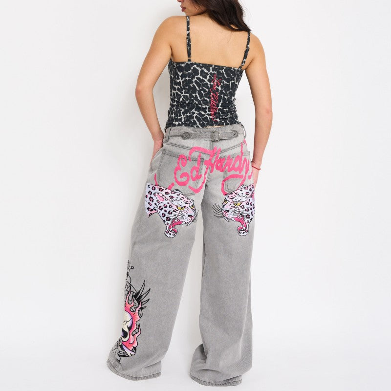 Pink Skull Flame Baggy Jeans