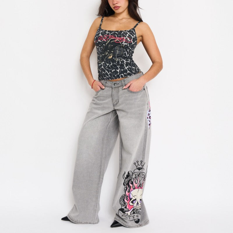 Pink Skull Flame Baggy Jeans