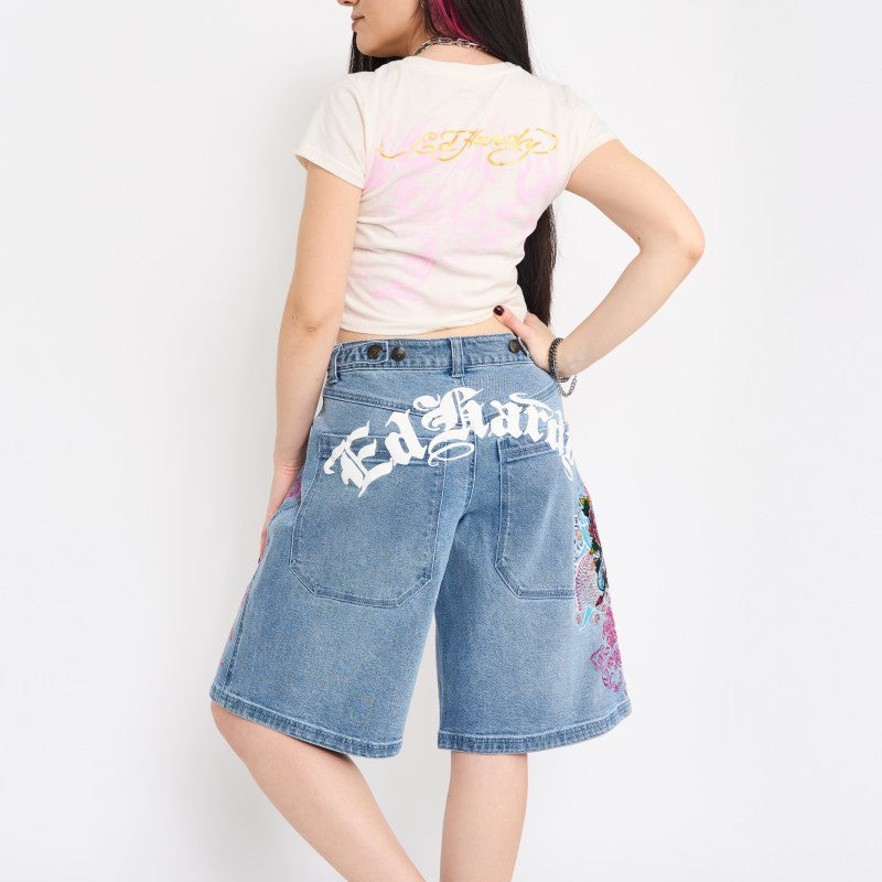 Flower Diamond Embroidered Denim Shorts