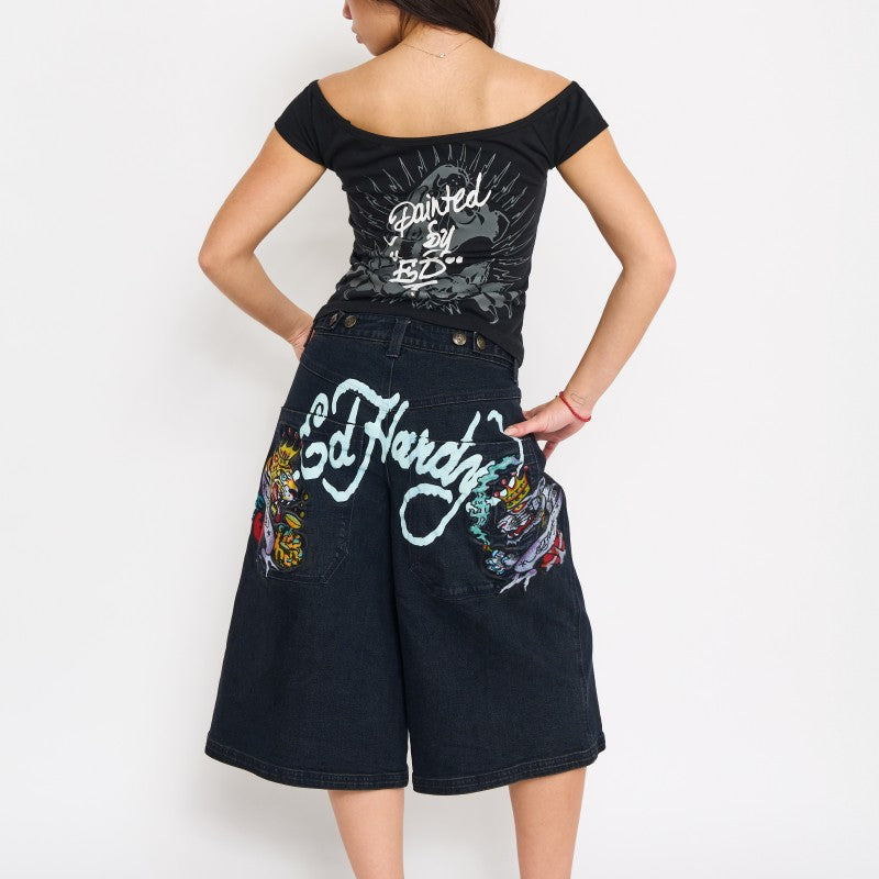 edhardyoriginals 24 / DARK WASH Panther Long Denim Shorts