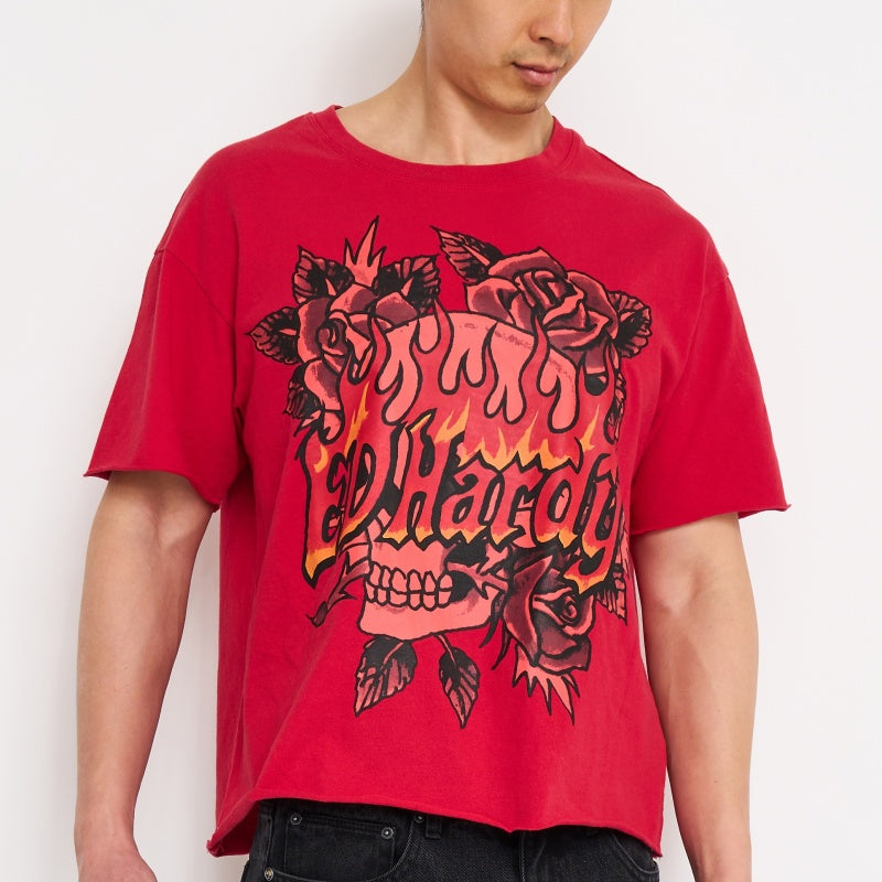 edhardyoriginals S / MINERAL RED Skull Roses Boxy Cropped Tee