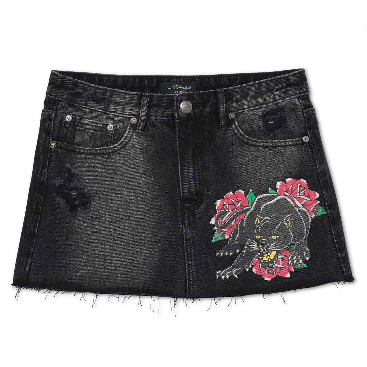 edhardyoriginals XS / BLACK WASH Panther Roses Denim Skirt