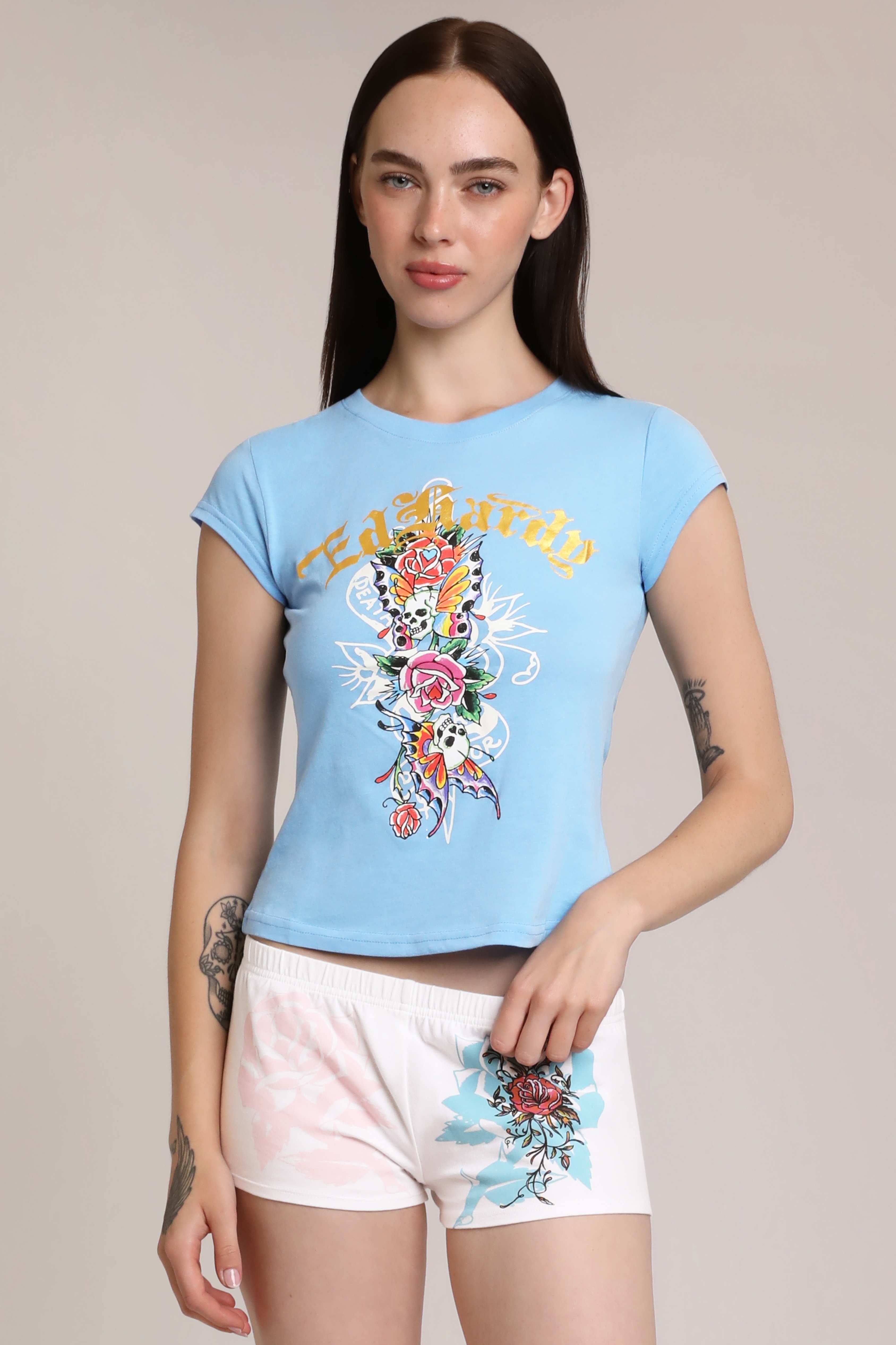 Flower Skulls Cap Sleeve Fitted Tee