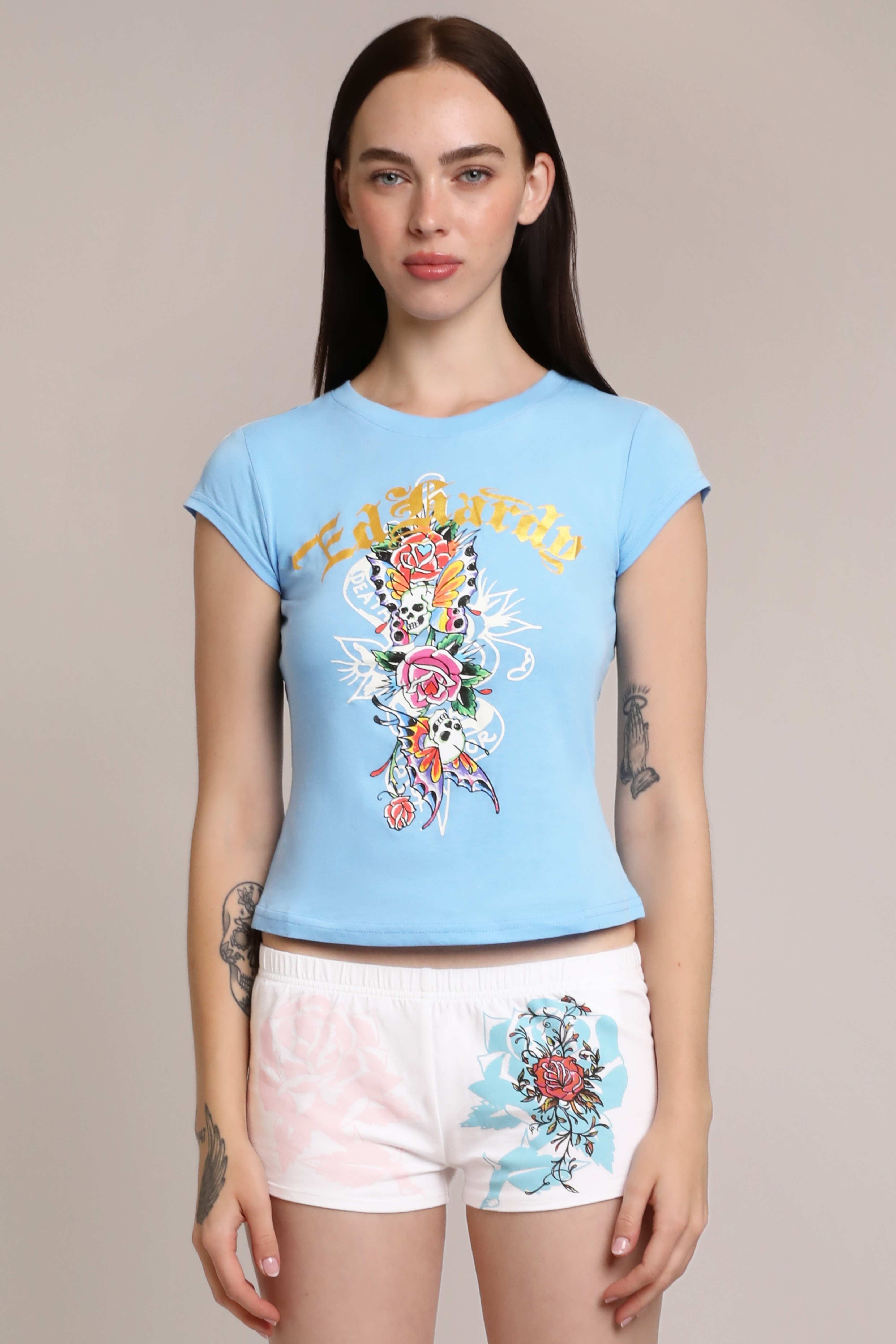 Flower Skulls Cap Sleeve Fitted Tee