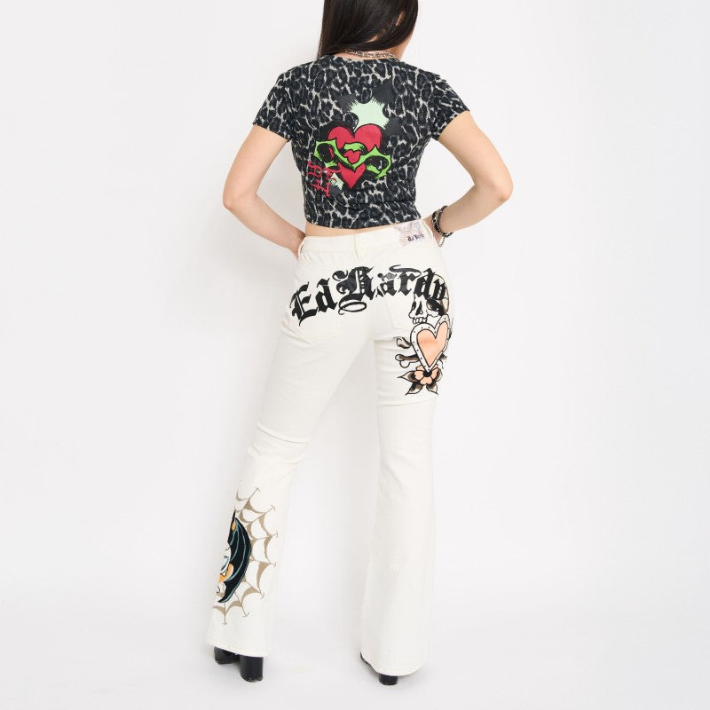 edhardyoriginals 24 / IVORY Bat Skull Embroidered Low Waist Bootcut Jeans