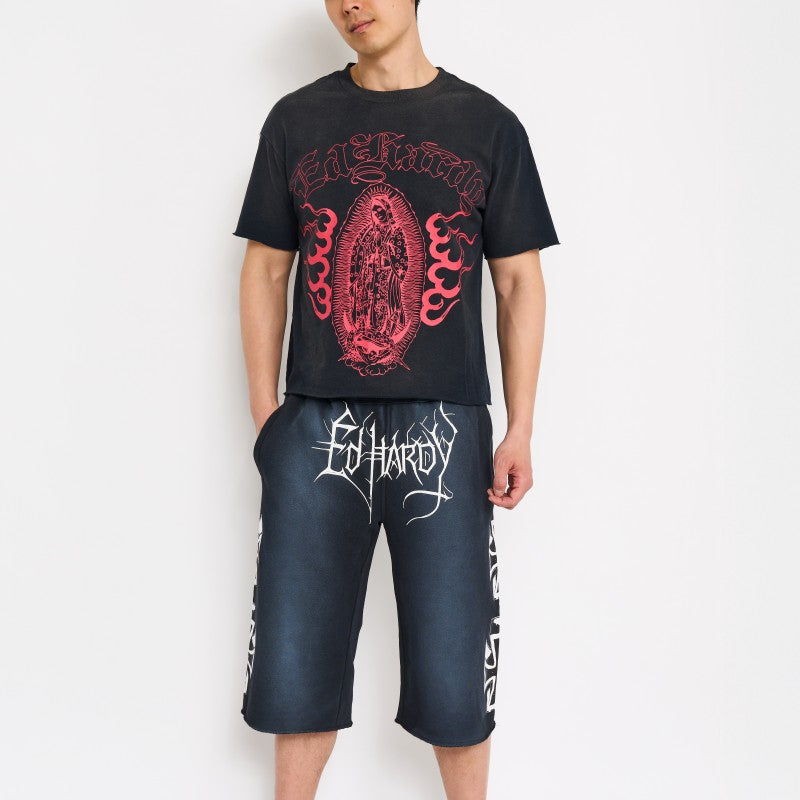 edhardyoriginals S / SUNFADE BLACK Crosses Puff Print Long Fleece Shorts