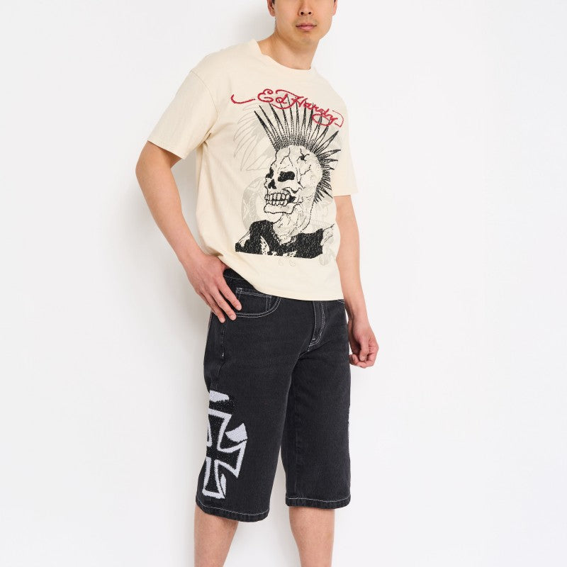 edhardyoriginals 28 / Y2K BLACK Crosses Rhinestone Mens Long Denim Shorts