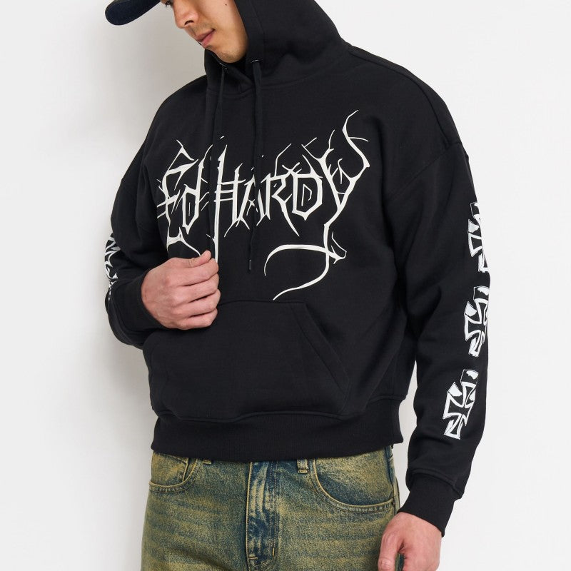 edhardyoriginals S / SUNFADE BLACK Cyber Crosses Puff Print Boxy Hoodie