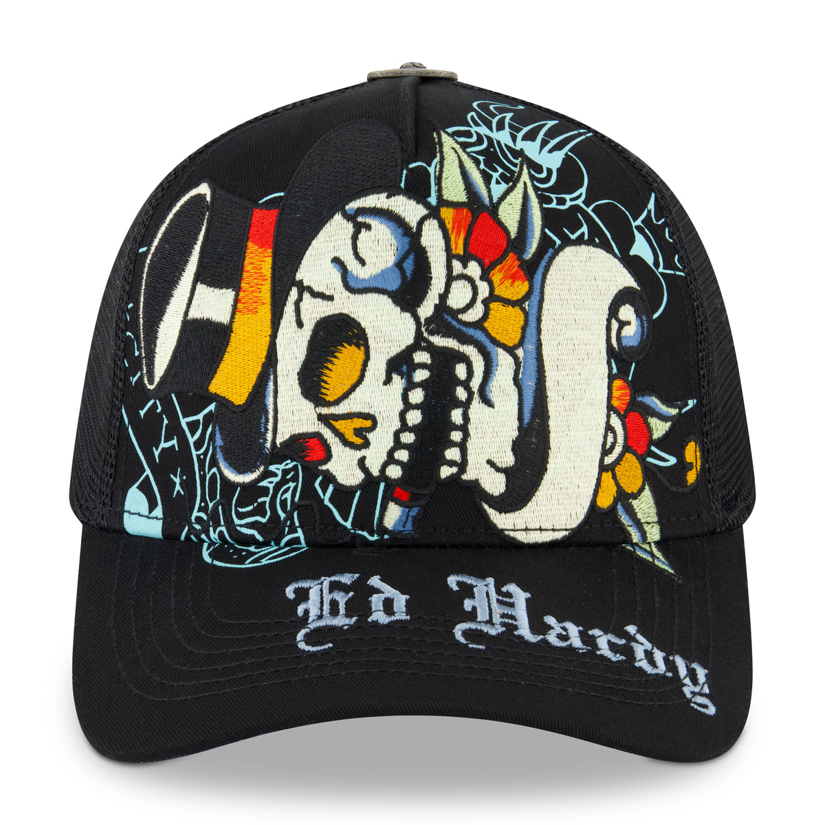 Ed Hardy Black Skull Embroidered Velvet Trucker Cap ED HARDY EMBROIDERED FIRE SKULL HAT – BLUE CITY NYC main image 2