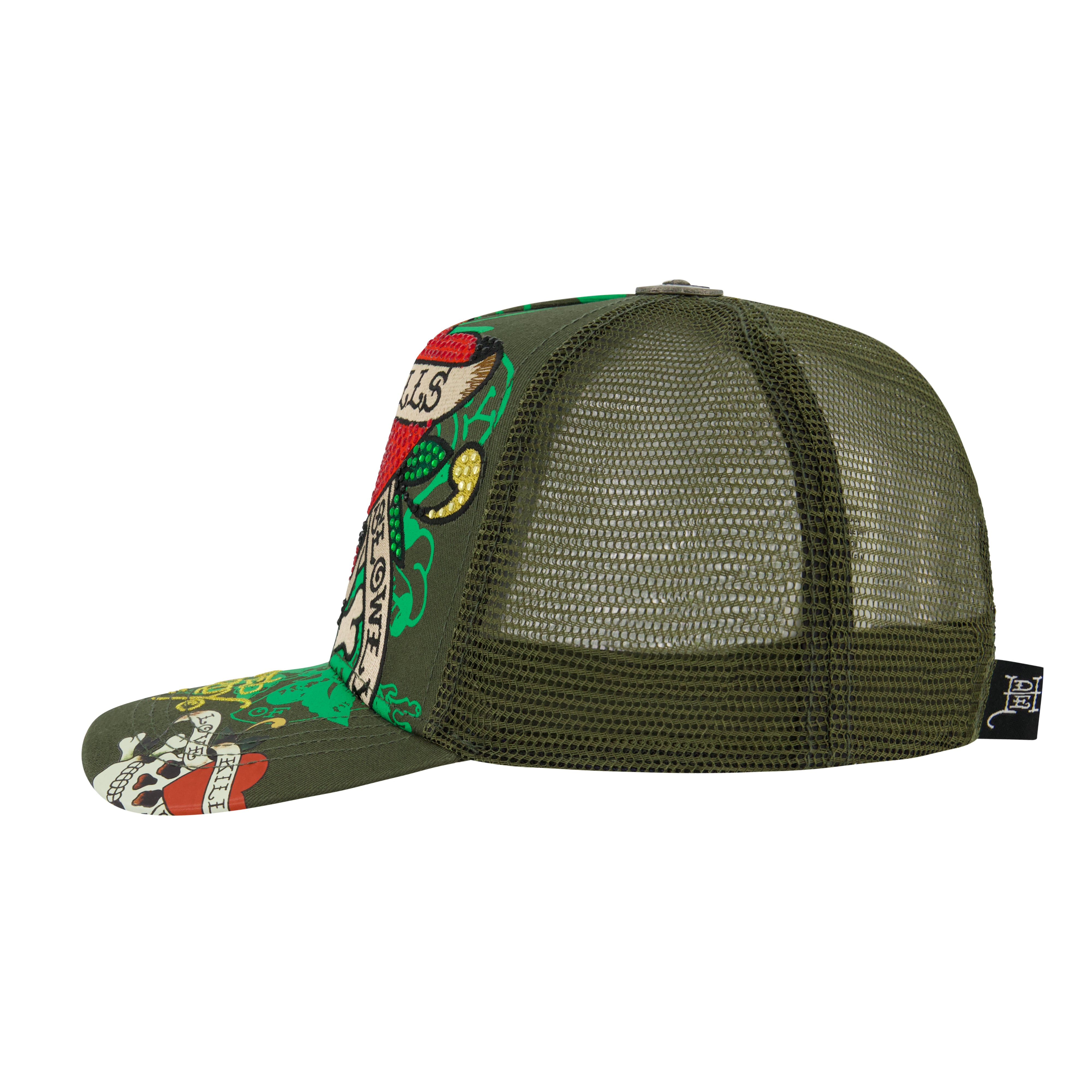 LKS Skull Rhinestone Trucker Hat - Olive
