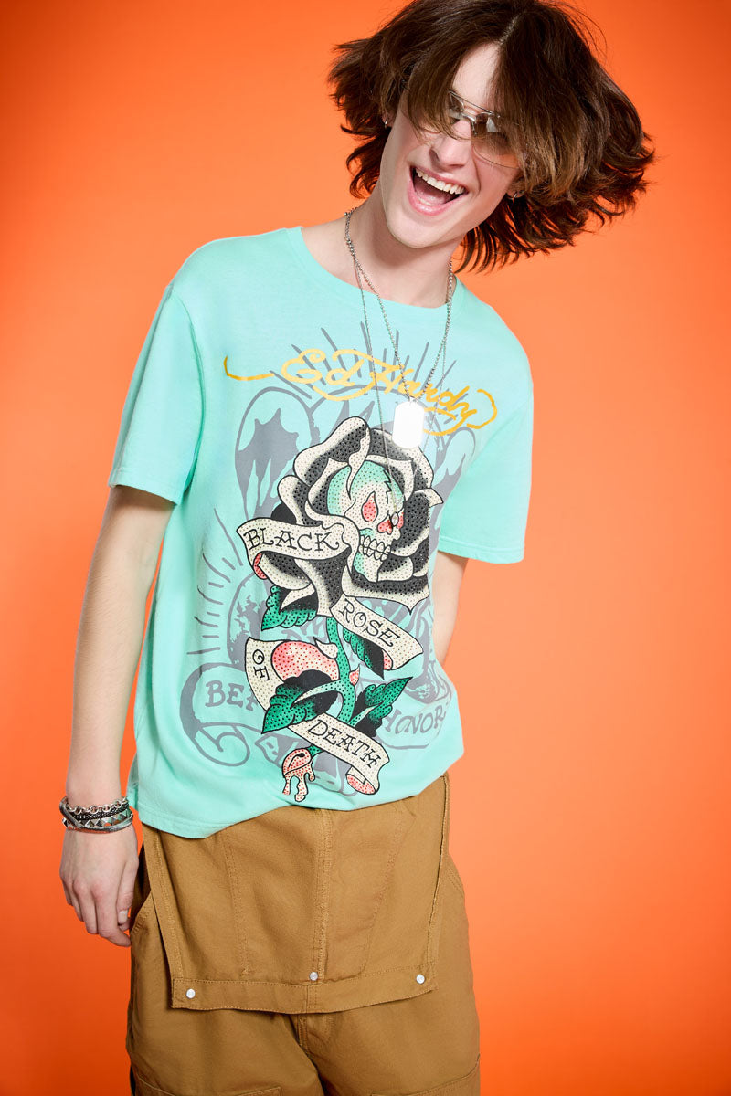 Ed Hardy BLACK ROSE Tシャツ Black Rose Rhinestone Cap Sleeve Tee