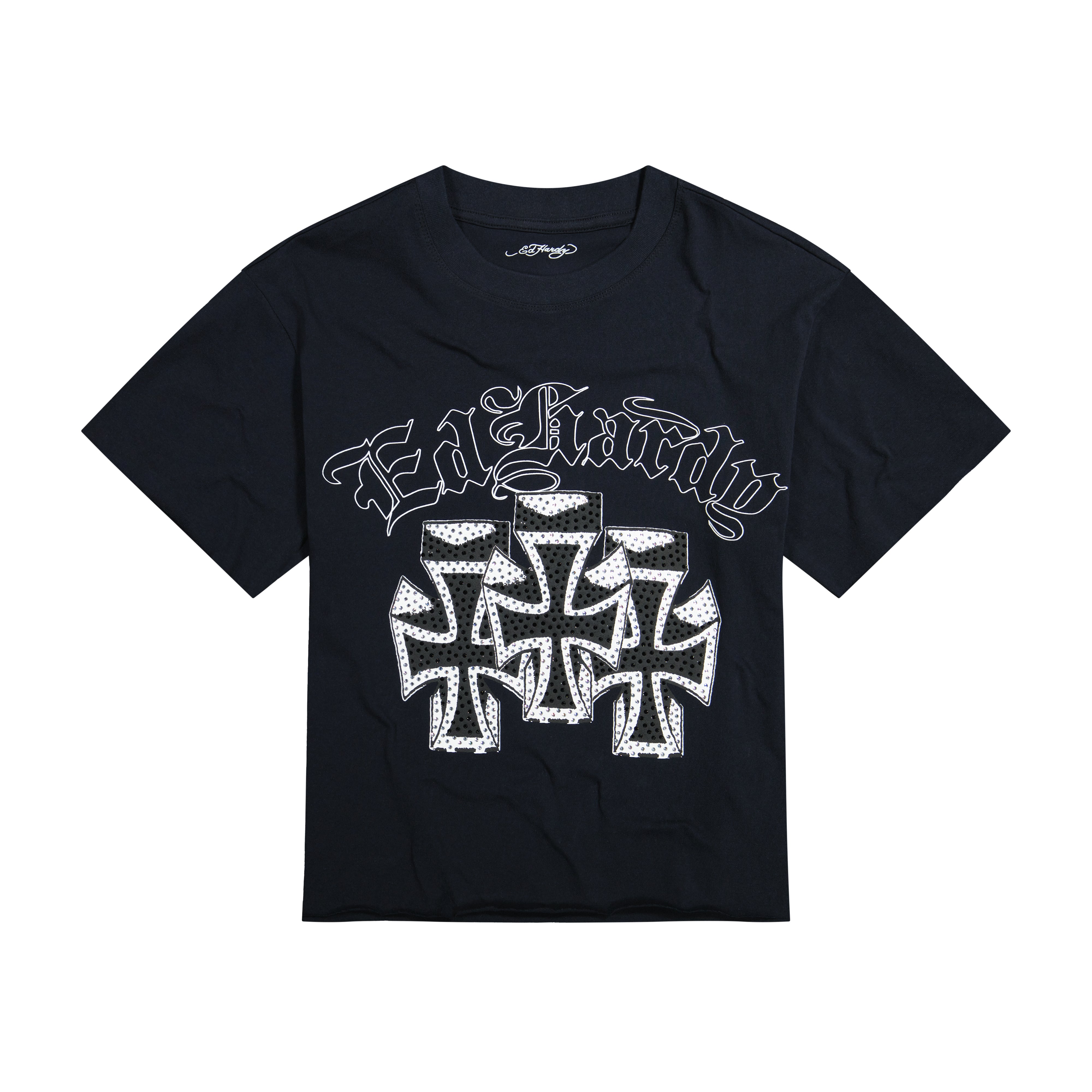 edhardyoriginals S / BLACK Crosses Rhinestone Boxy Cropped Tee
