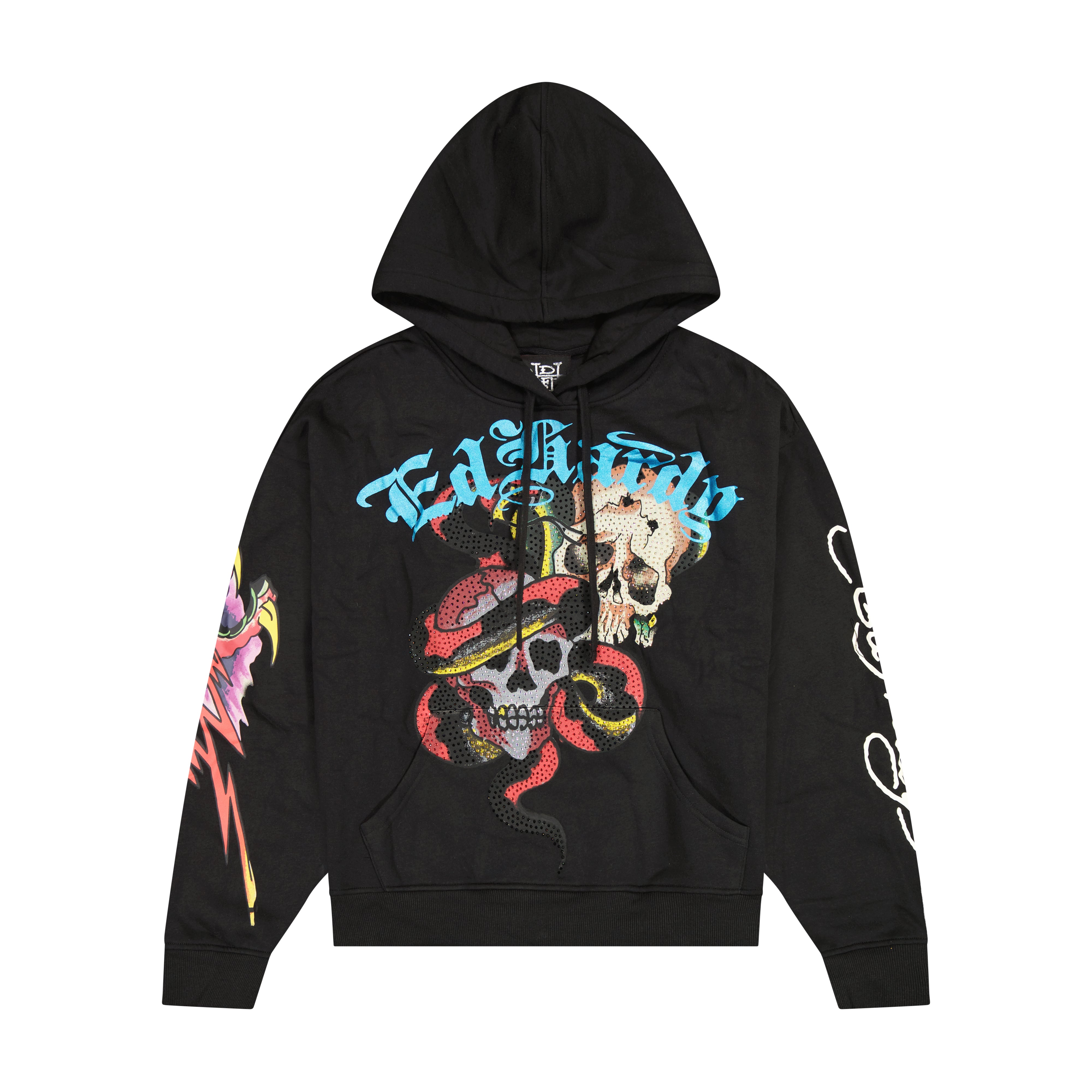 edhardyoriginals S / BLACK Skulls Boxy Rhinestone Fleece Hoodie