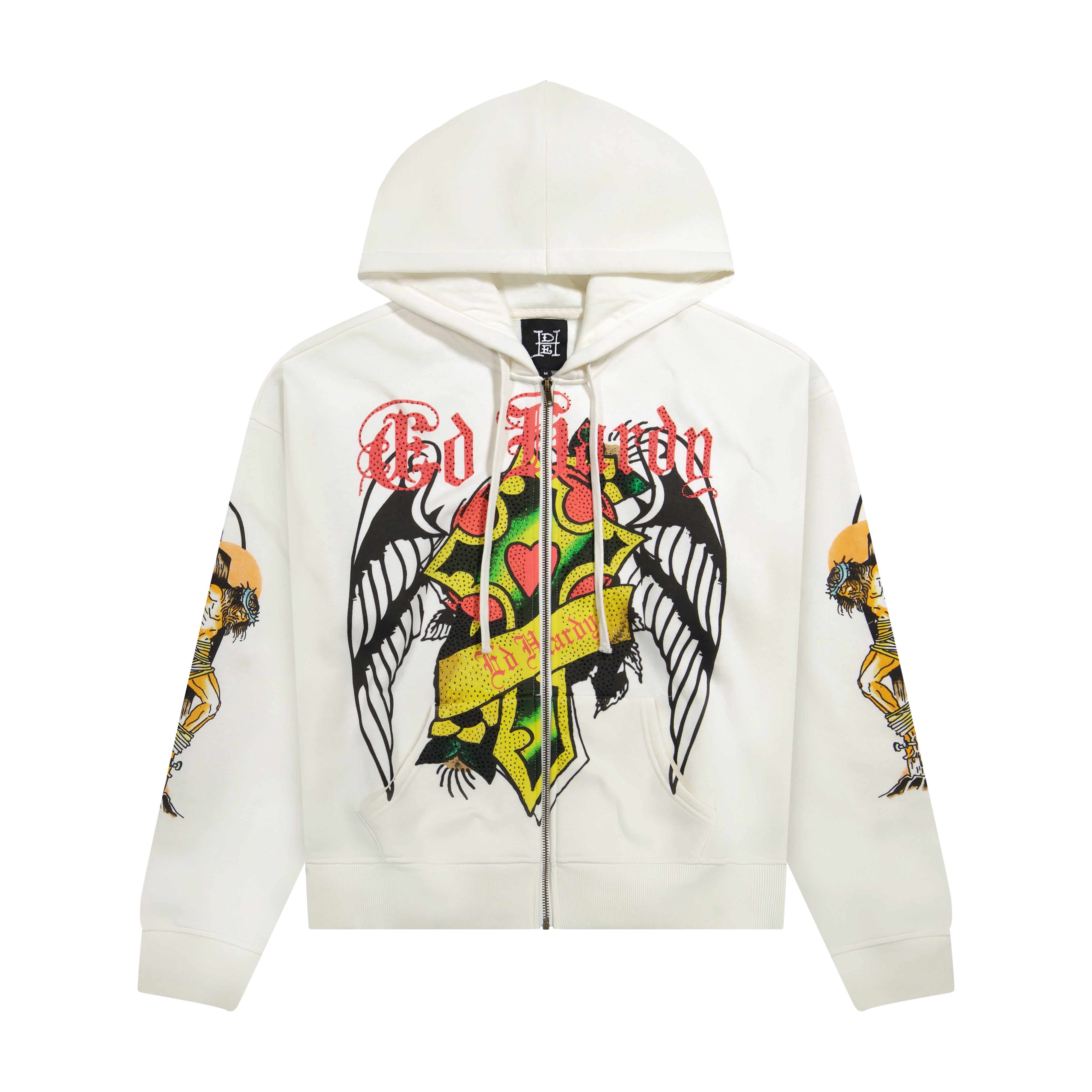 edhardyoriginals S / IVORY Christ Cross Rhinestone Boxy Zip Hoodie